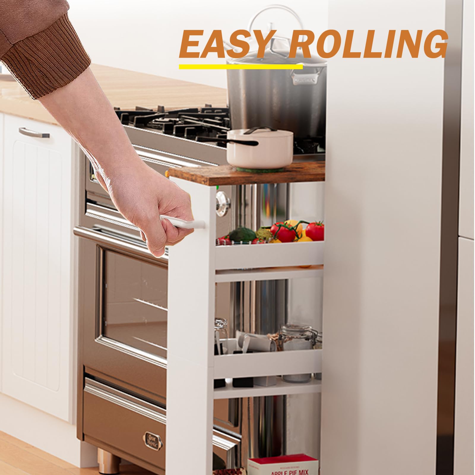 TEAMIX Slim Rolling Storage Cart, Wood 4-Tier Narrow Kitchen/Laundry Cart