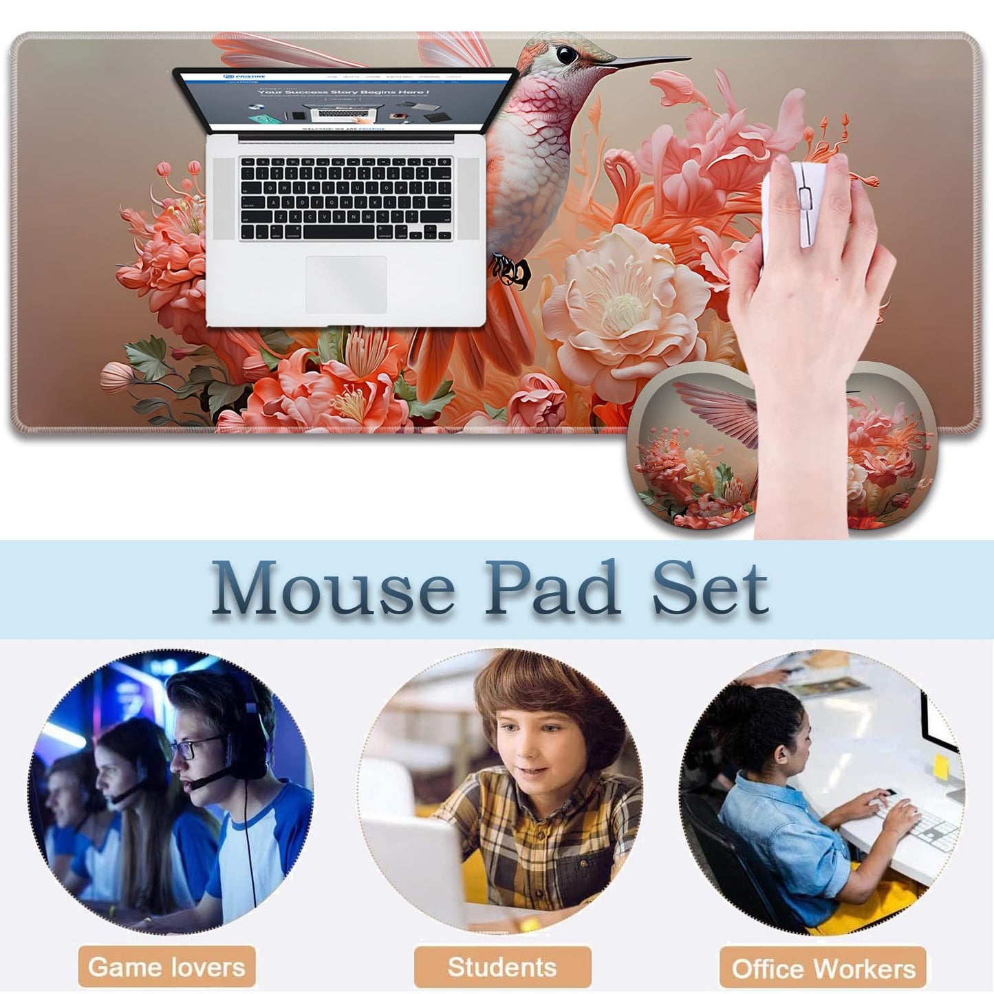 HTTYYTRYT 3-Piece Hummingbird Pink Mouse Pad Set, Including Wrist Support Pad and Cup Holder, with