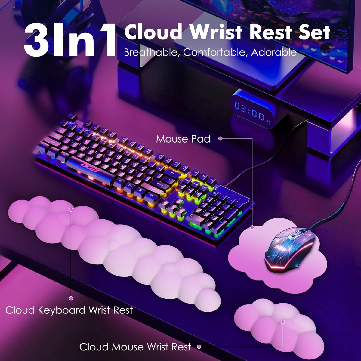 Moko Cloud Wrist Rest for Keyboard and Mouse with Mouse Pad, Pink