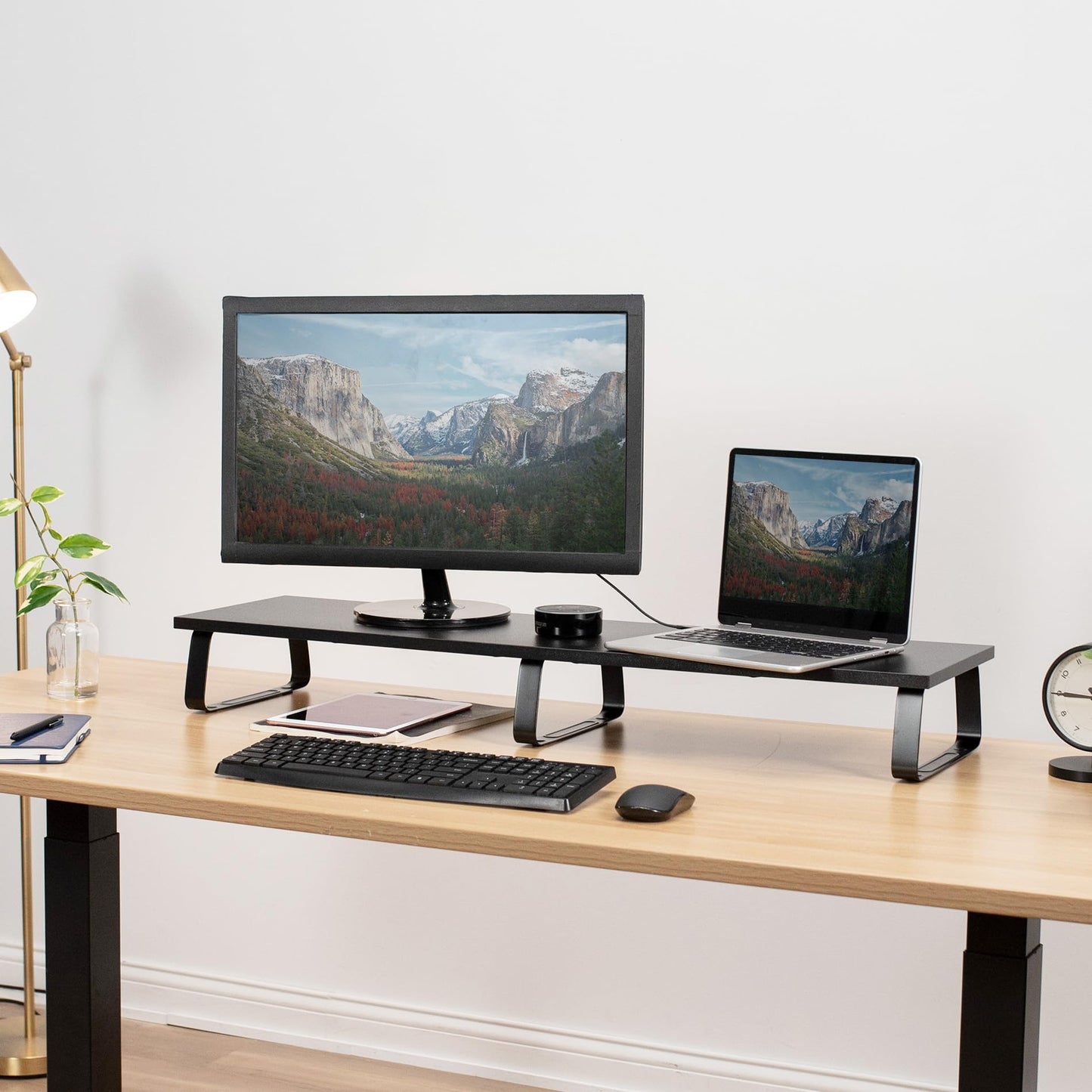 VIVO 39 inch Extra Long Monitor Stand, Wood & Steel Desktop Riser, Dual Screen, TV, Keyboard