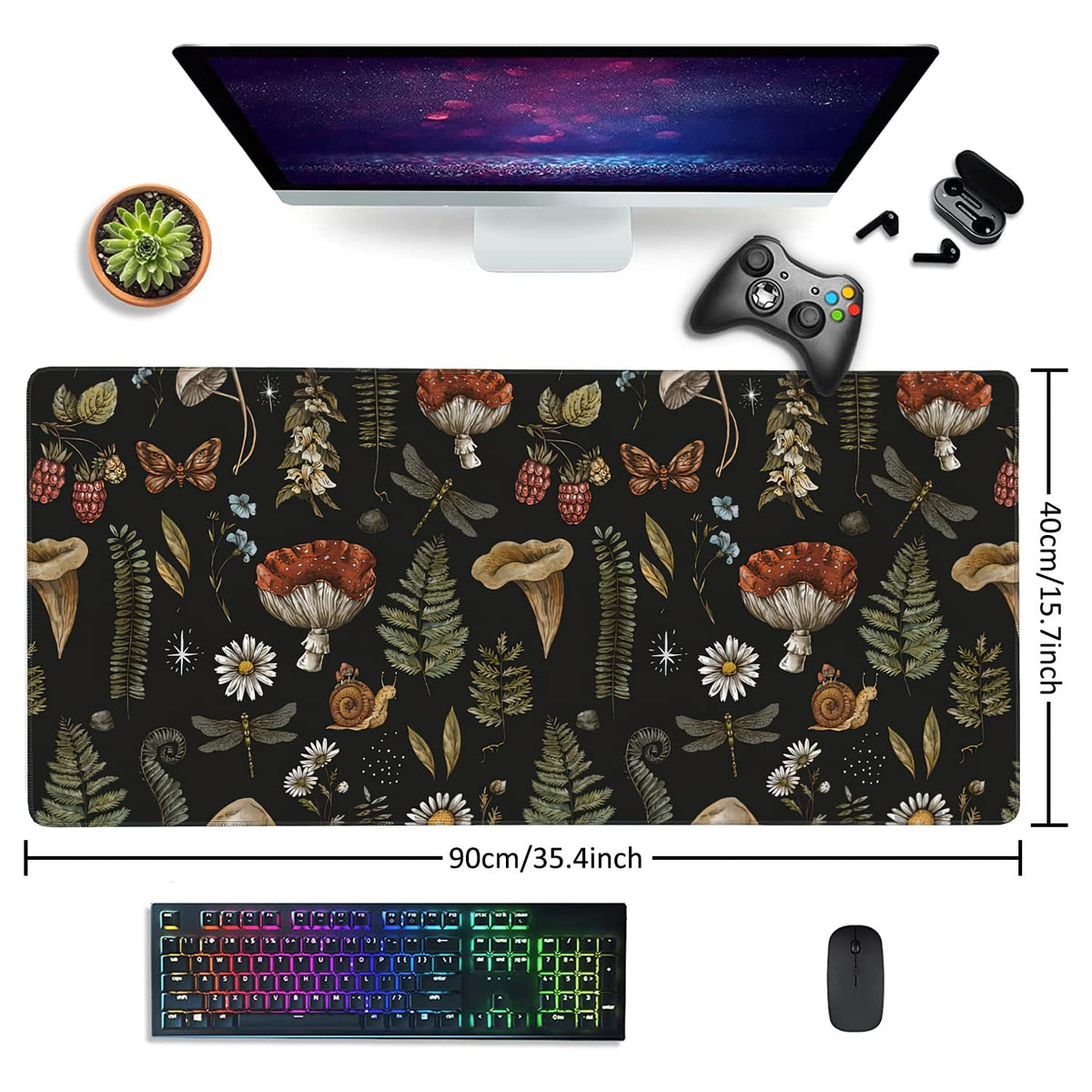 Vintage Mushroom Large Mouse Pad Extended Gaming Mouse Pad Waterproof Desk Mat with Stitched