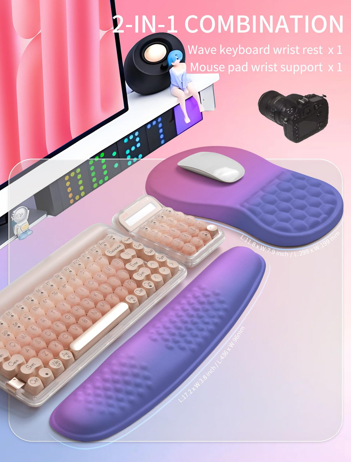 Hokafenle 2in1 Combination, Wave Keyboard Wrist Rest and Ergonomic Curvature Mouse Pad Wrist