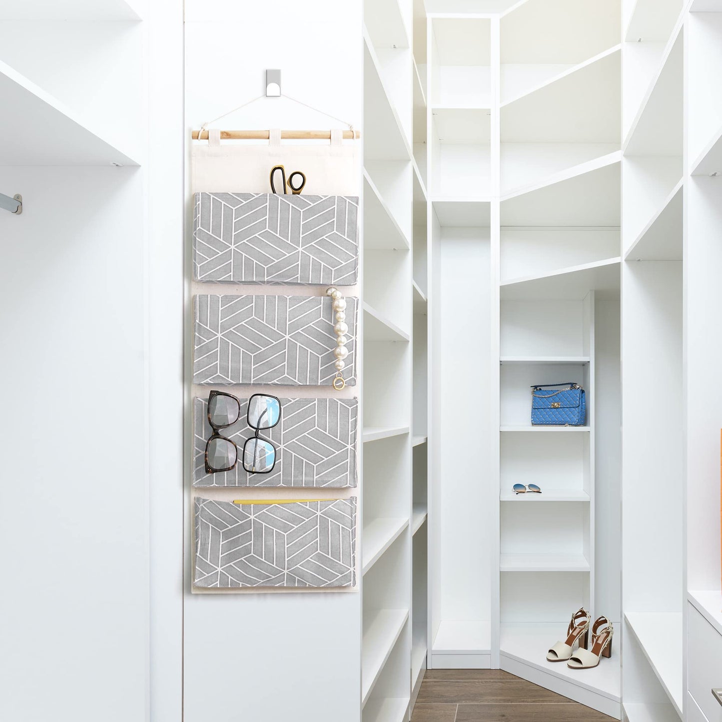 CROWNED 2Pcs Over Door Hanging Storage Bags Wall Mount Closet Organizer, 4 Big Pockets Linen Cotton