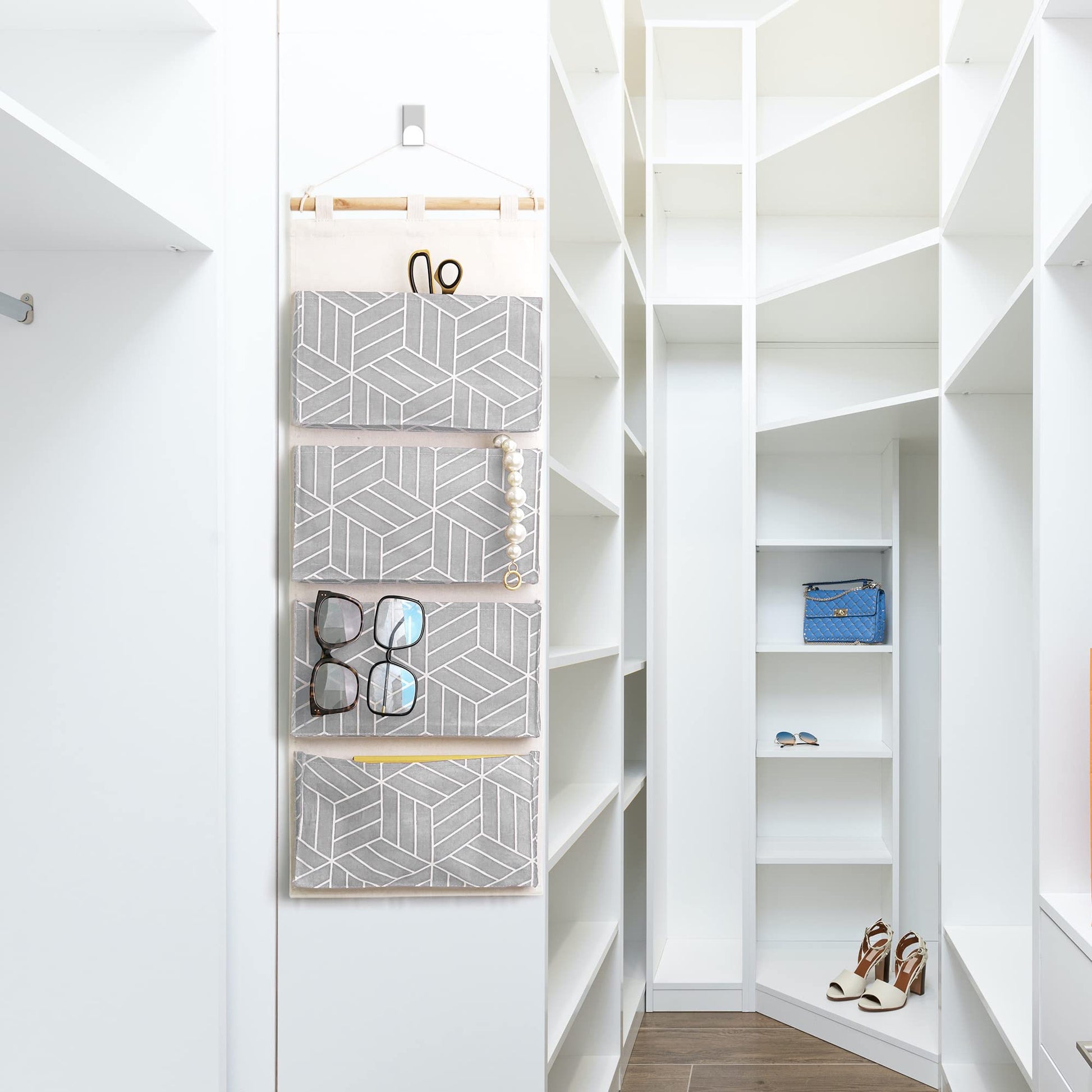 CROWNED 2Pcs Over Door Hanging Storage Bags Wall Mount Closet Organizer, 4 Big Pockets Linen Cotton