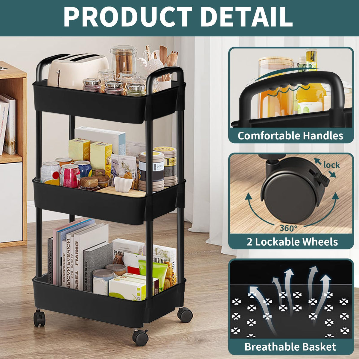 EZ COZY 3 Tier Rolling Cart, Plastic Diaper Cart Organizer with Wheels, Roller Cart for Diapers