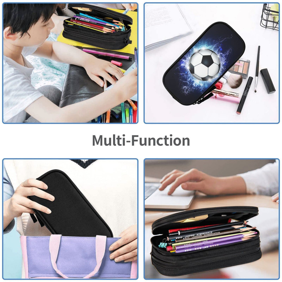 Blue Sports-Themed Pencil Case with Soccer Balls Pattern, Large Capacity Durable Pencil Box Storage