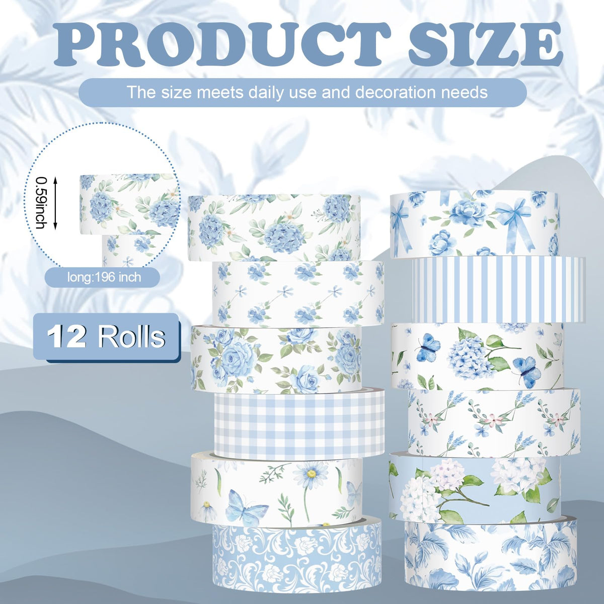 YooNotee 12 Rolls Floral Washi Tape Set,Blue,Rose