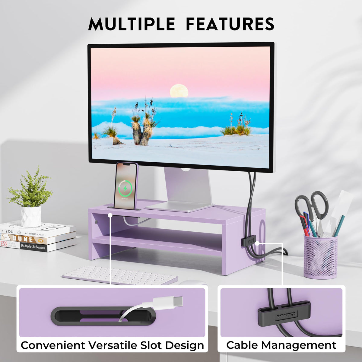 BONTEC Wooden Monitor Stand Riser for Desk, 2-Tier Computer Monitor Stand