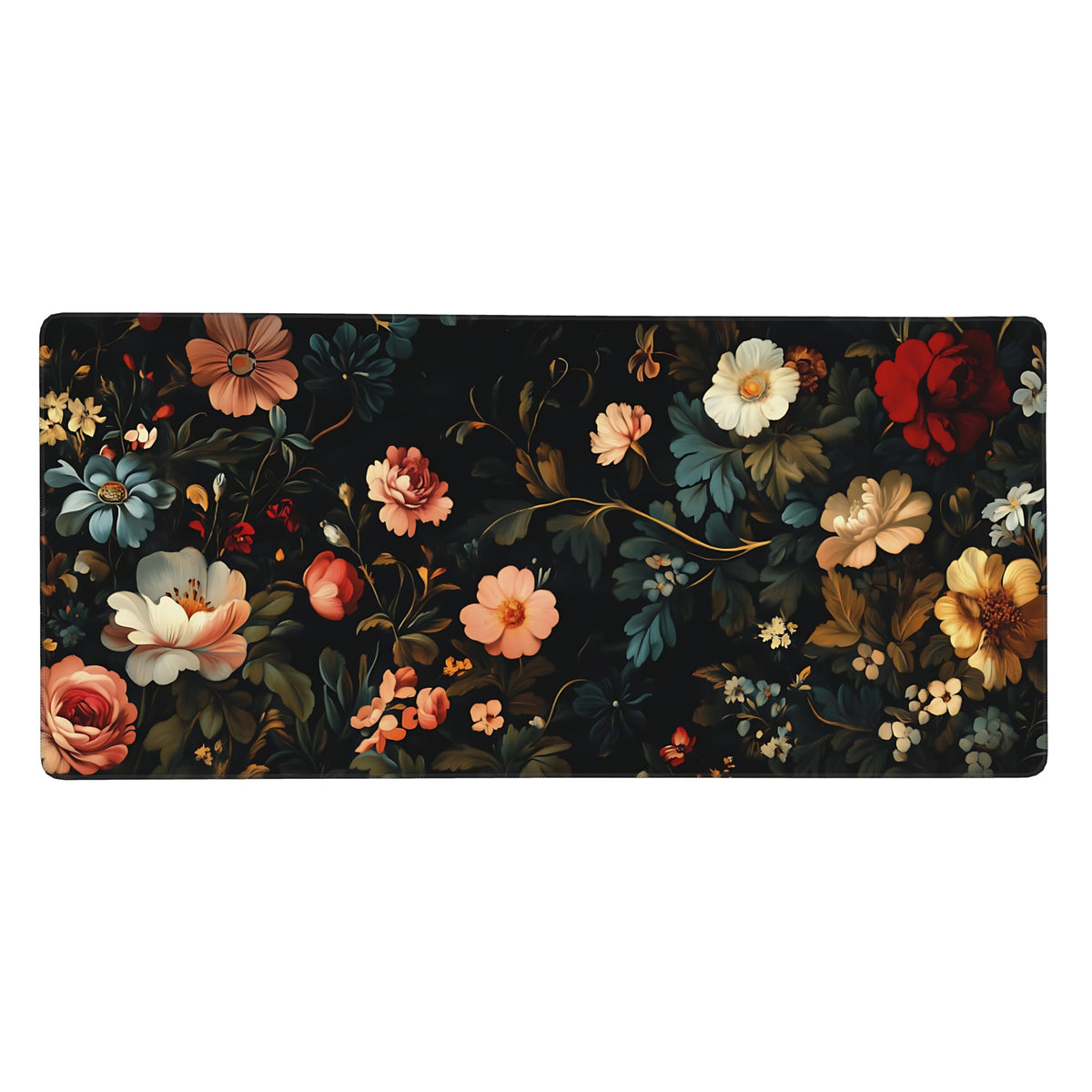 Floral Aesthetic Rose Gaming Mouse Pad, Black Dark Botanical Desk Mat with Anti-Slip Base &