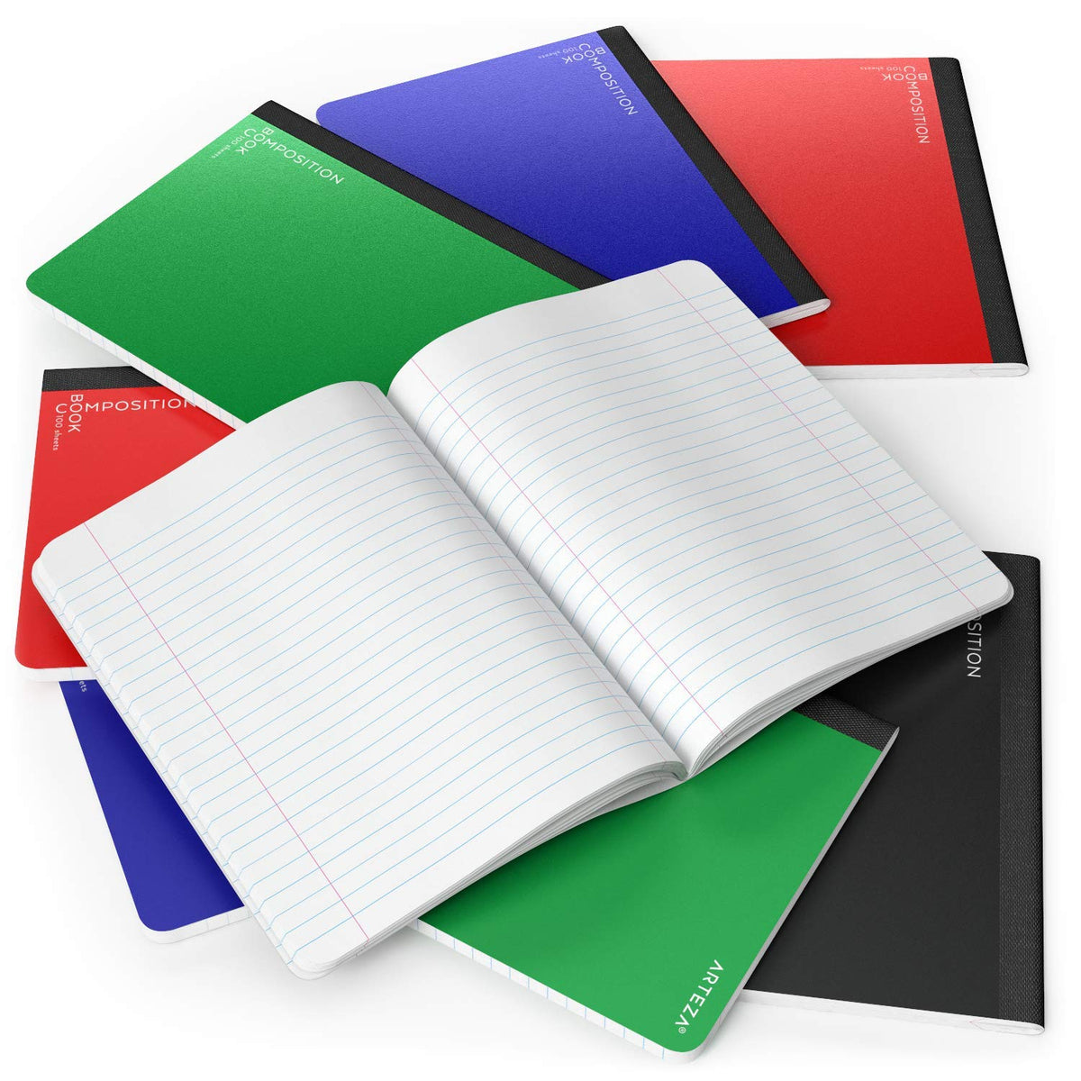 Arteza Composition Books, Wide Ruled, 100 Sheets, 4 Colors, 9.75x7.5-inch, Double Sided for