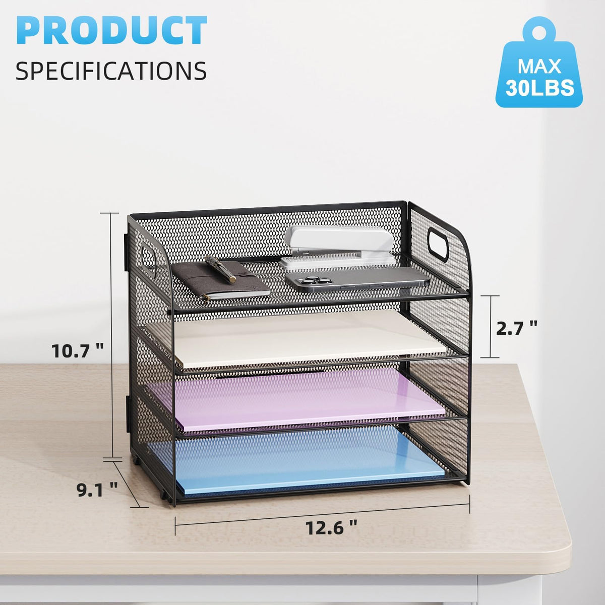 Marbrasse 2 Pack 4 Tier Paper Organizer Letter Tray - Mesh Desk File Organizer with Handle, Paper