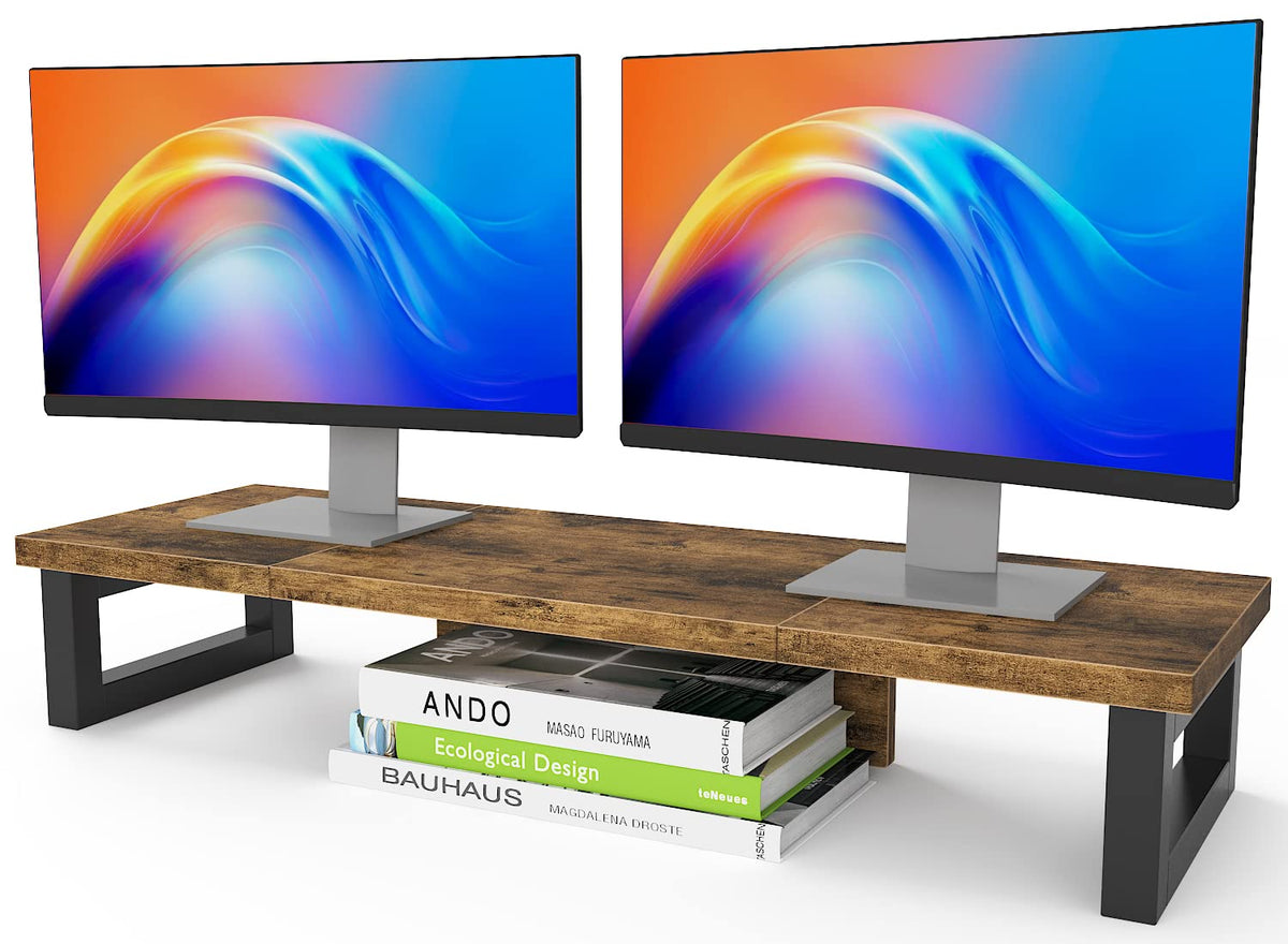 WESTREE Dual Monitor Stand Riser, Wood and Steel Monitor Stand Riser, Computer Monitor Stand for 2
