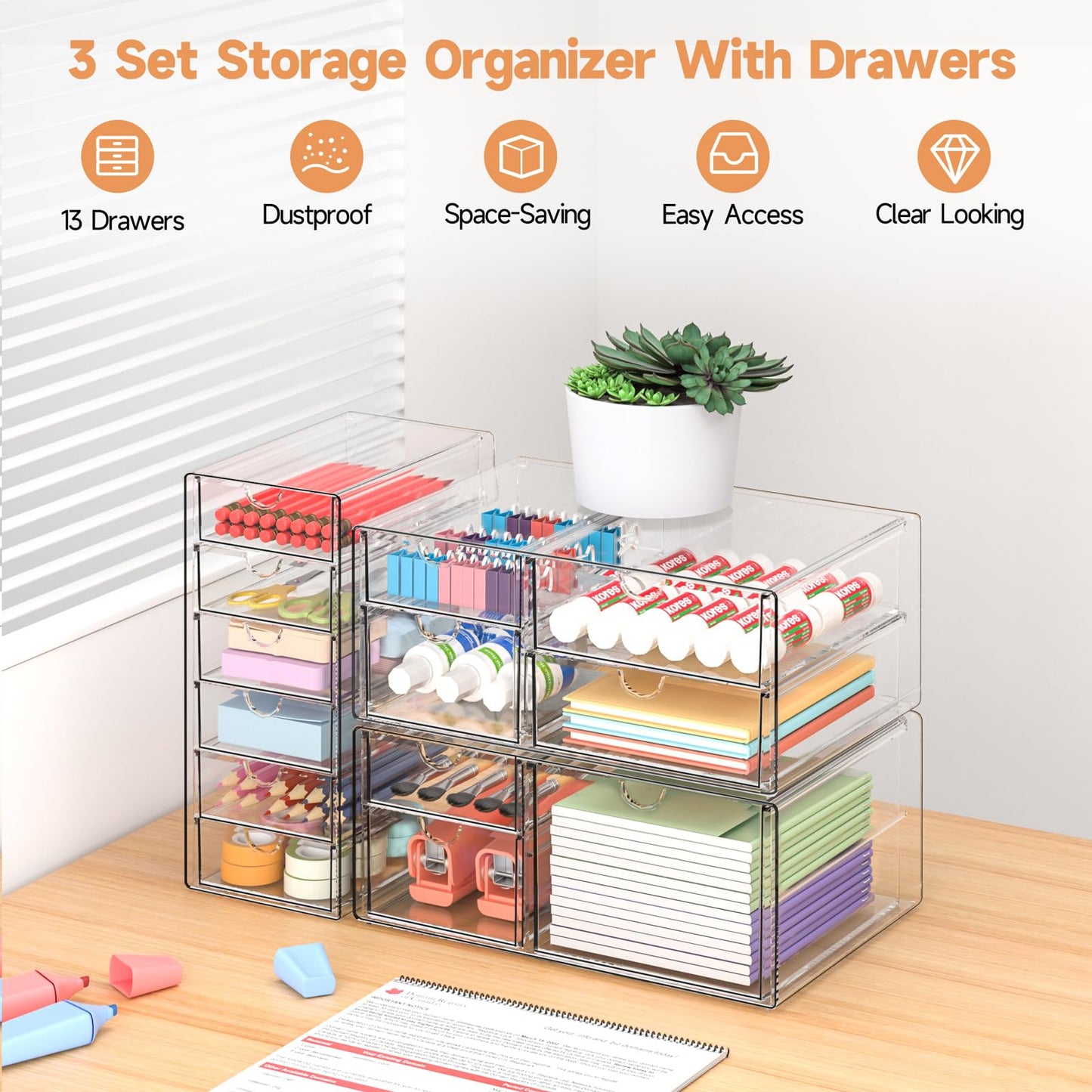 DOMNIU Acrylic Makeup Drawer Storage Organizer with 13 Drawers, 3 Set