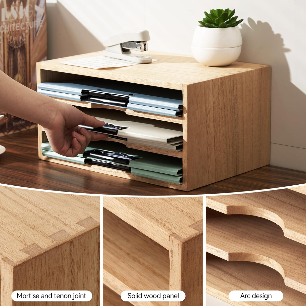 KIRIGEN Wooden Desk Organizer 3-Tier Letter Tray and Paper Sorter, Natural