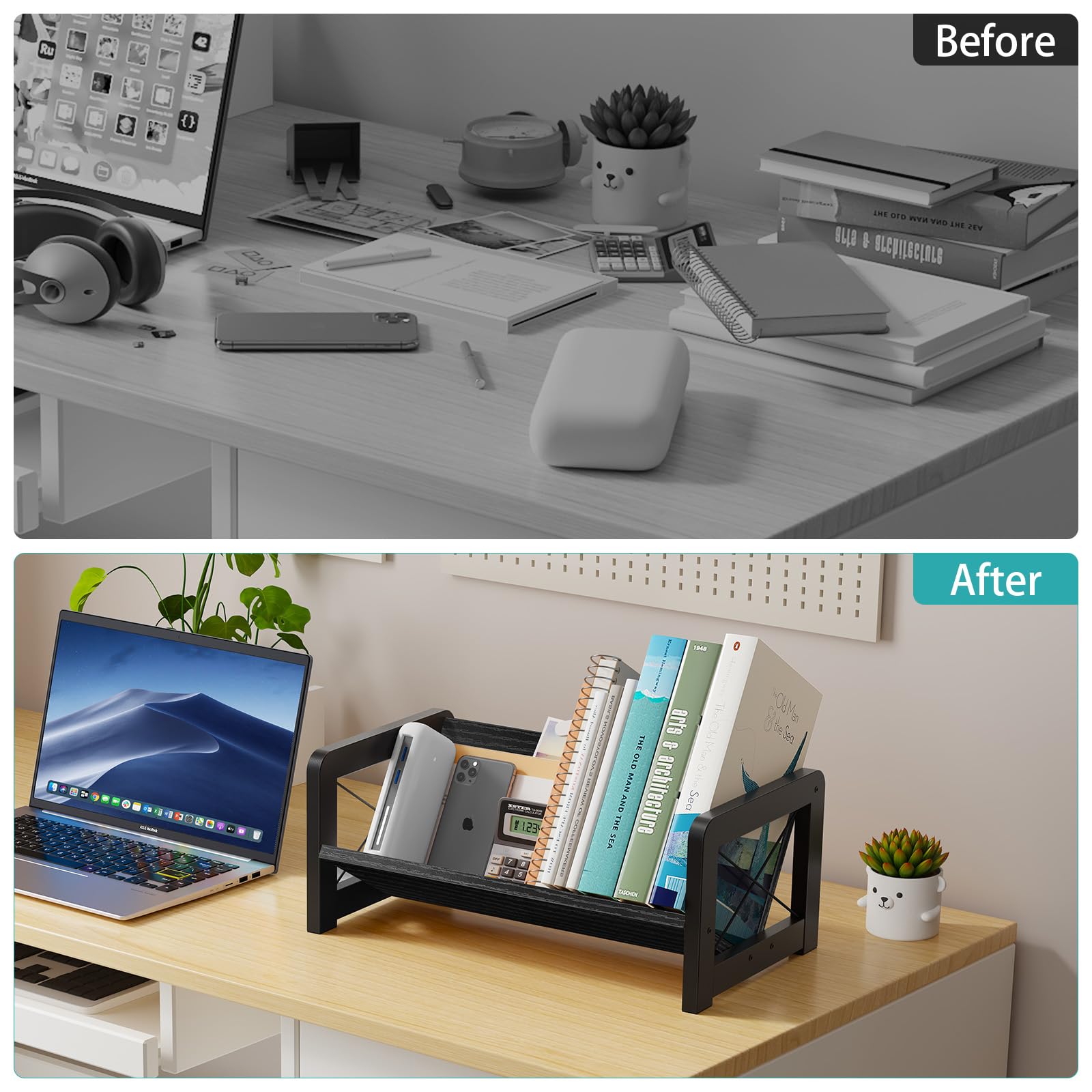 ELITEROO Desk Bookshelf, Small Book Shelf, Wooden Desktop Bookcase, Tilting Table Top Bookshelf for