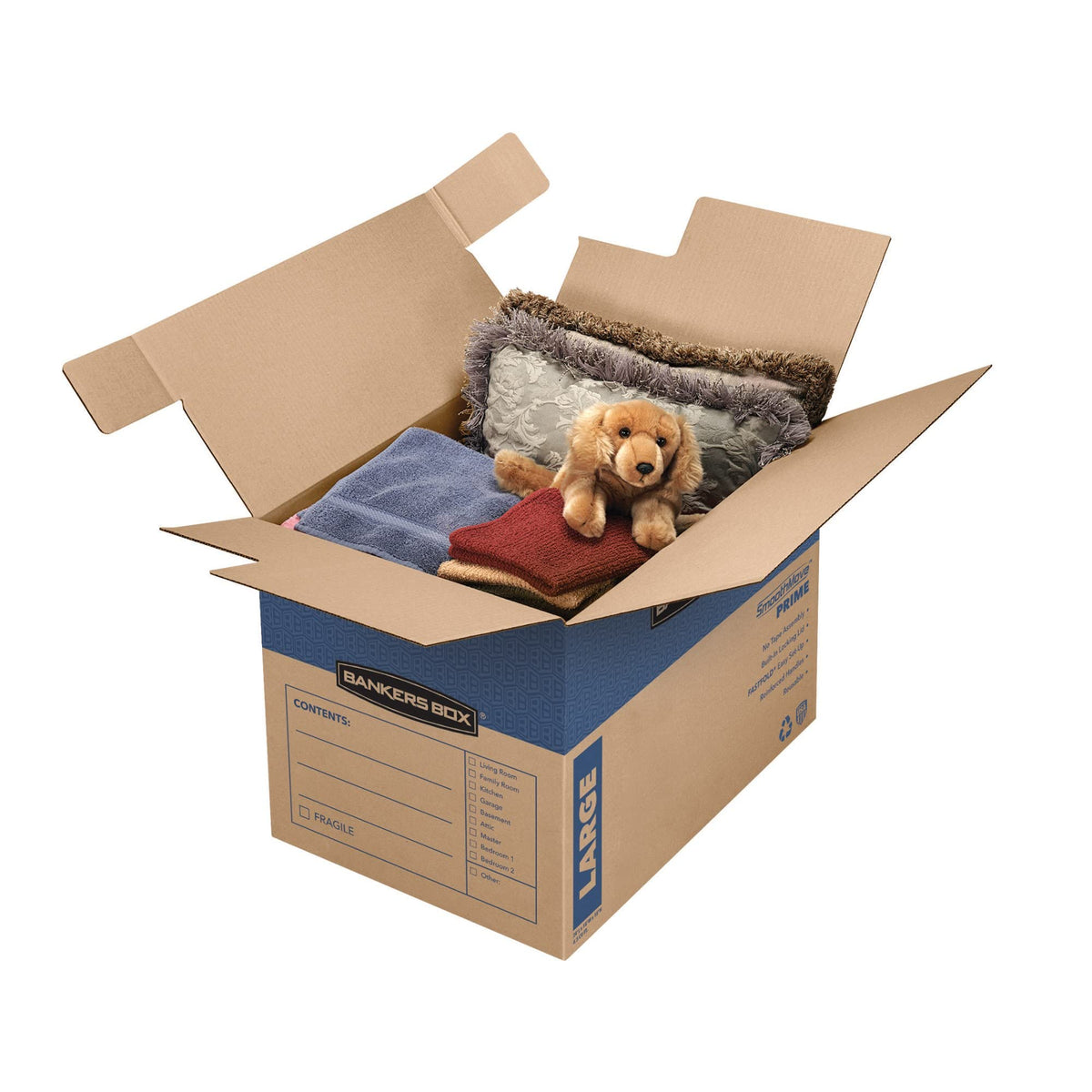 Bankers Box Large Prime Moving Box 6 Pack, Reinforced Handles, Tape-Free Assembly, Attached Lid