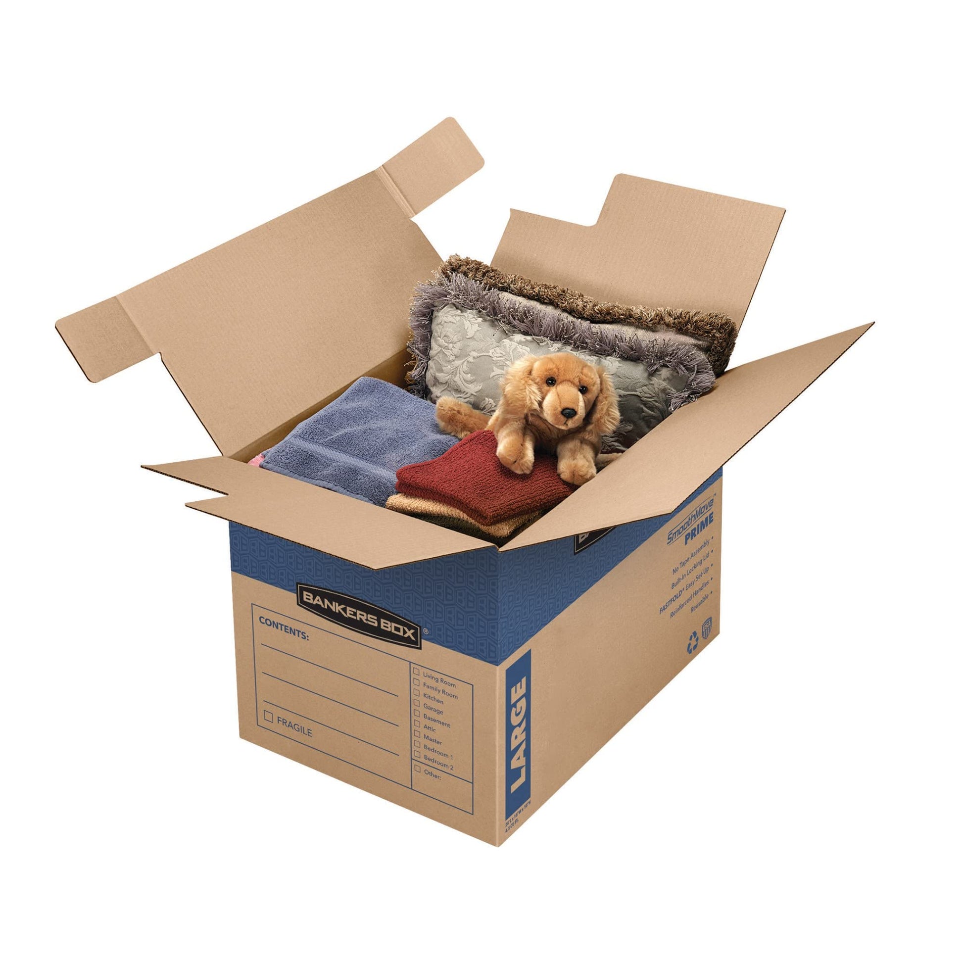 Bankers Box Large Prime Moving Box 6 Pack, Reinforced Handles, Tape-Free Assembly, Attached Lid