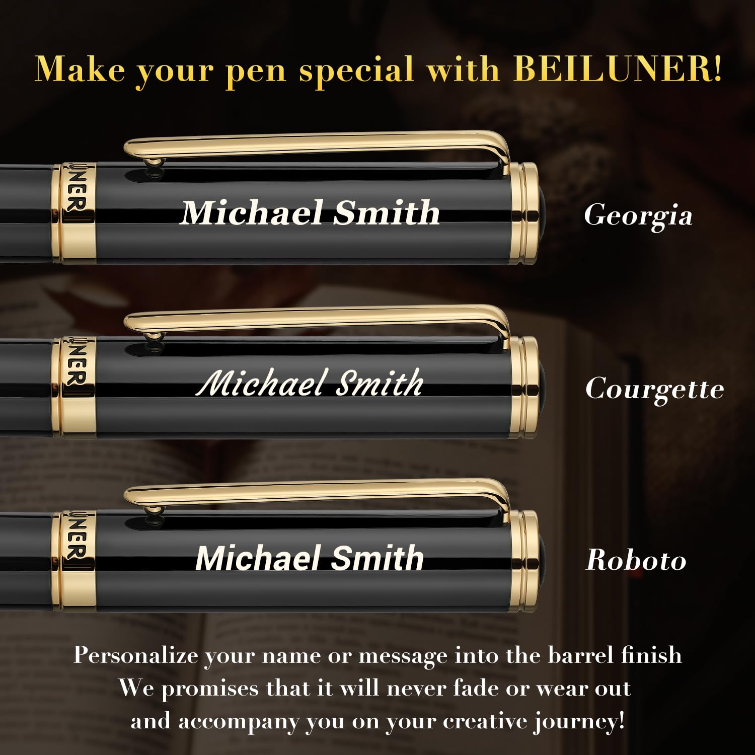 BEILUNER Black Personalized Fountain Pen,Stunning Luxury Lacquer,24K Gilded Nib(Fine),Gorgeous 24K