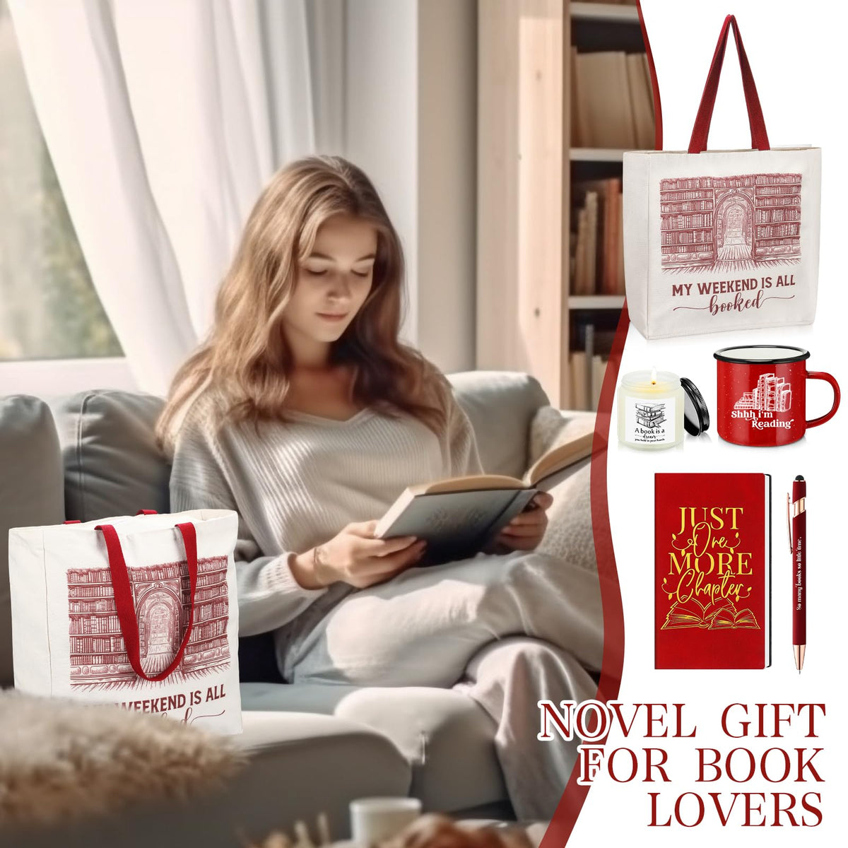 Jetec 5 Piece Book Lovers Set, Canvas Tote Bag Notebook, Candle, Red