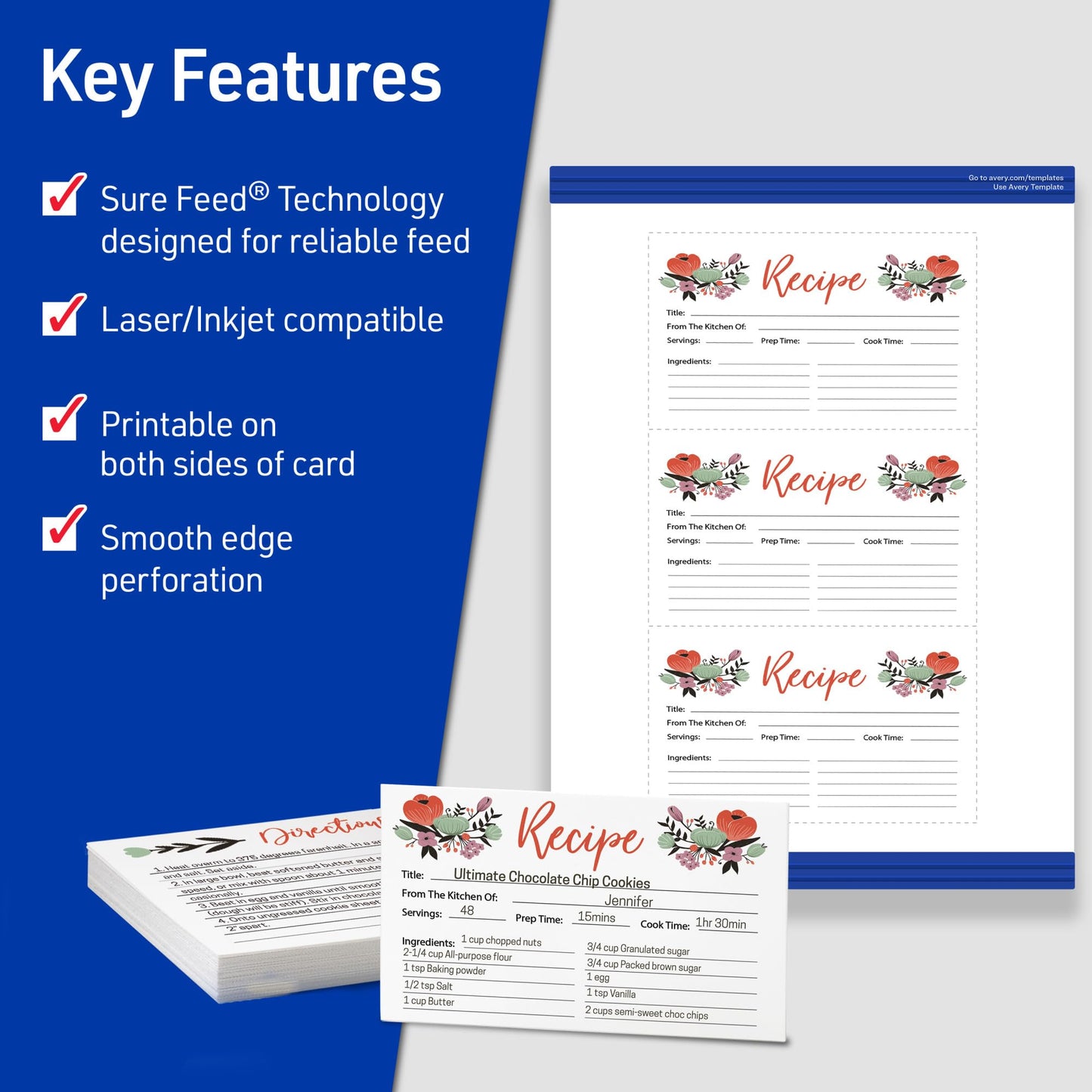 Avery Printable Index Cards, Sure Feed Technology, 3" x 5", Matte White, Laser & Inkjet Compatible