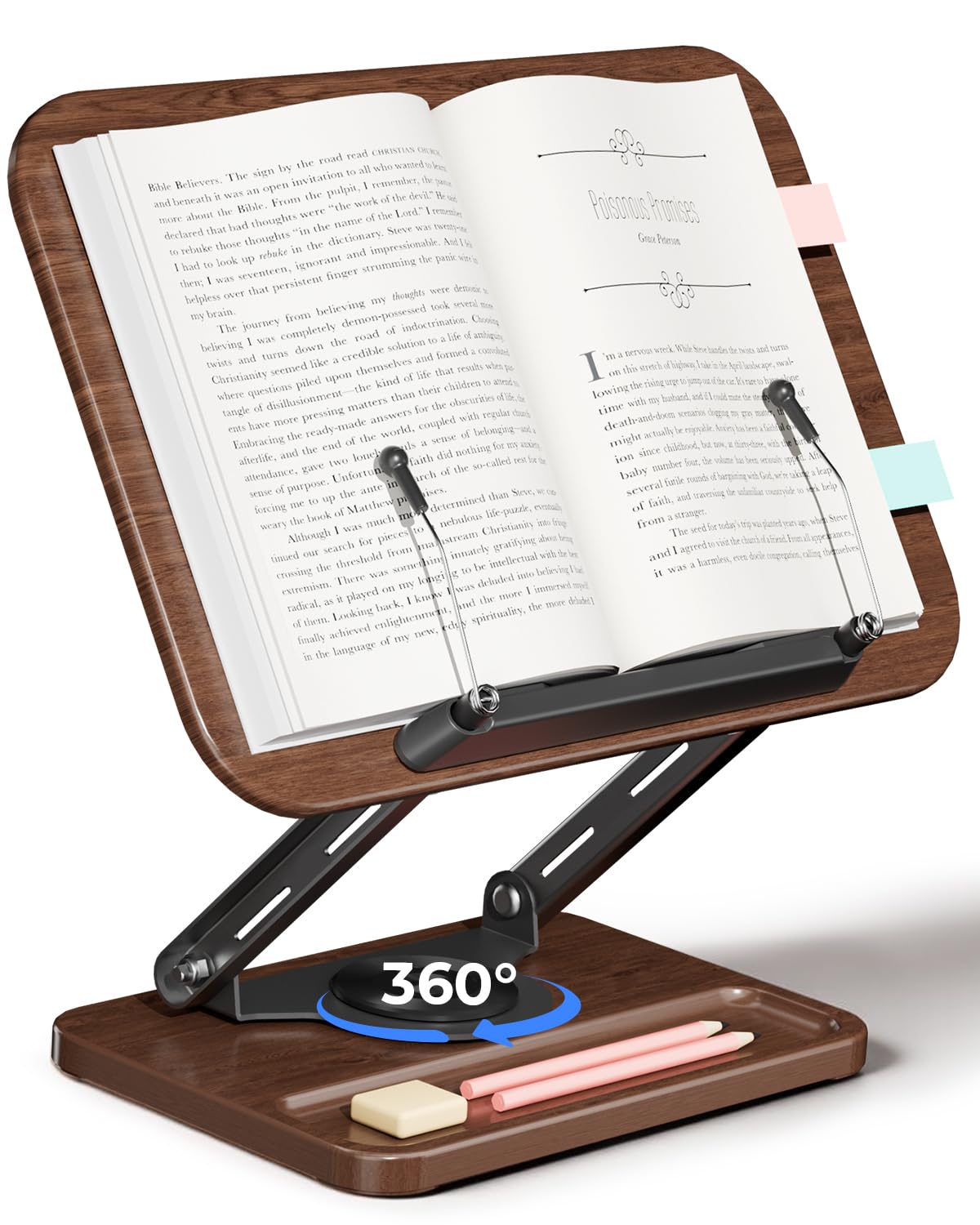 Viozon Book Stand for Reading, Book Holder 360° Rotating Base with Pen Slot, Foldable Reading