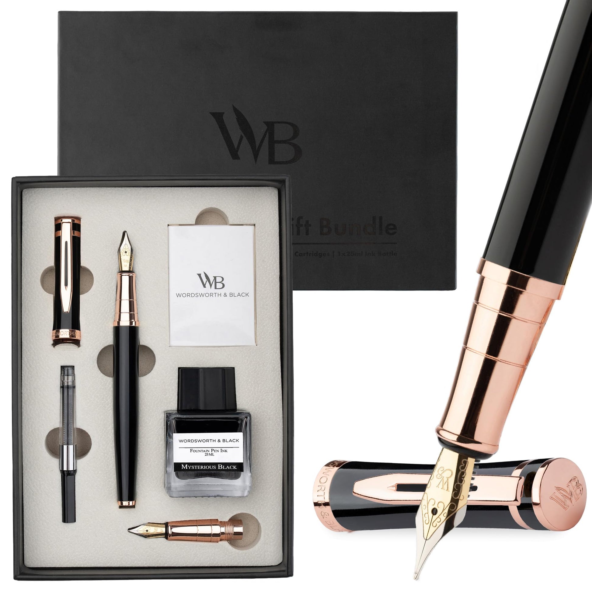 Wordsworth & Black Fountain Pen Gift Set, Medium & Extra Fine Nib, Black Rose