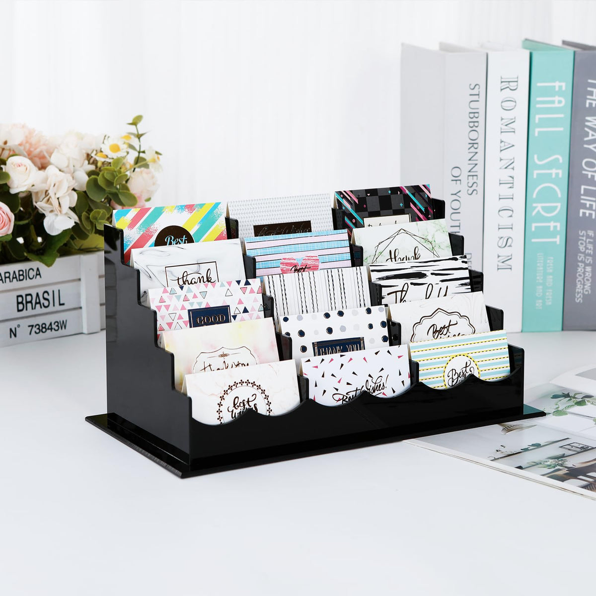 Vevitts Business Acrylic Card Holder Display for Desk, 15 Slots 5 Tiers Multiple-Black Acrylic