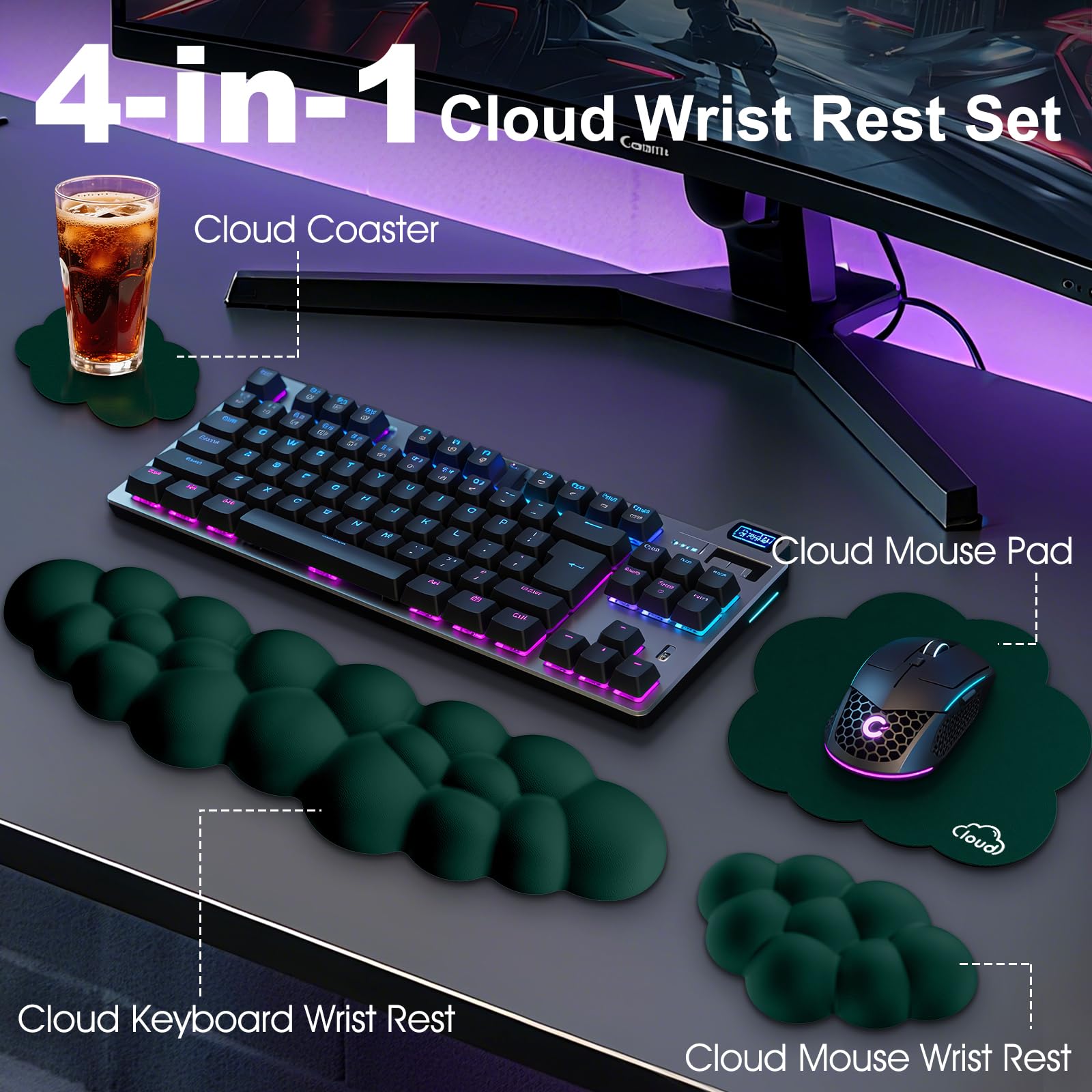 Retuhapy Cloud Wrist Rest Keyboard Cushion and Cloud Mouse Pad, Dark Green
