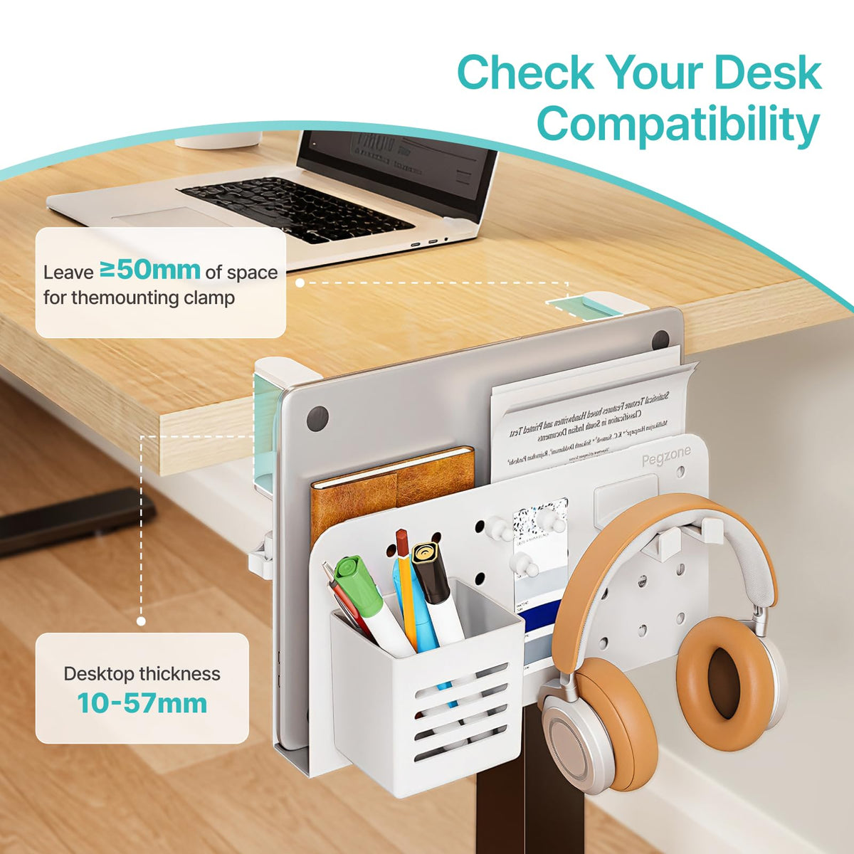 PEGZONE Desk Side Storage Organizer, Fits Flat Edge 0.4" to 2.2", White