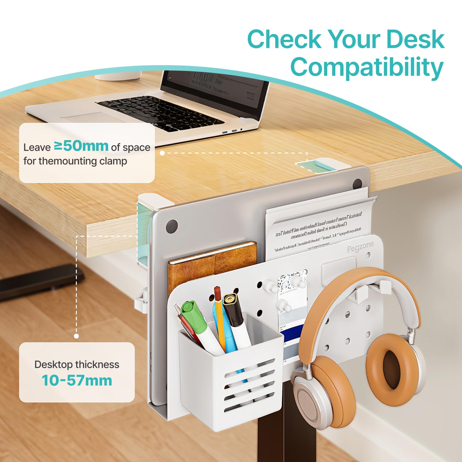 PEGZONE Desk Side Storage Organizer, Fits Flat Edge 0.4" to 2.2", White