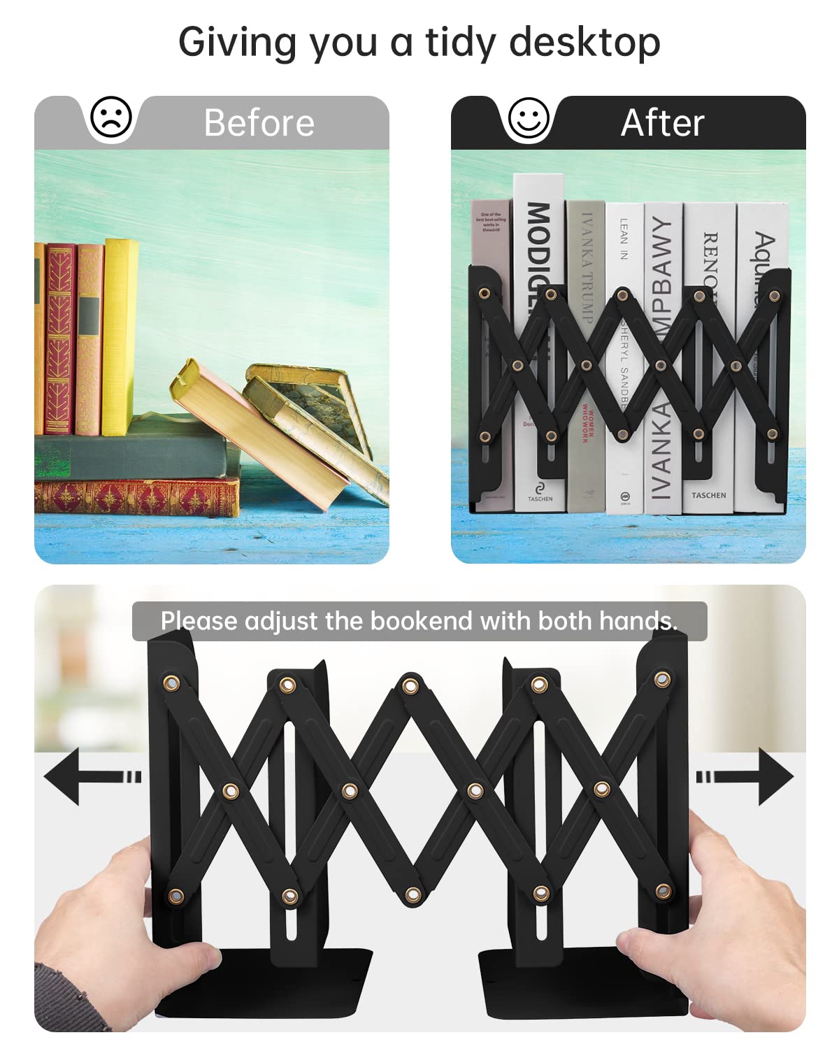 Honagu Adjustable Bookends, Metal Book Ends for Shelves Heavy Book