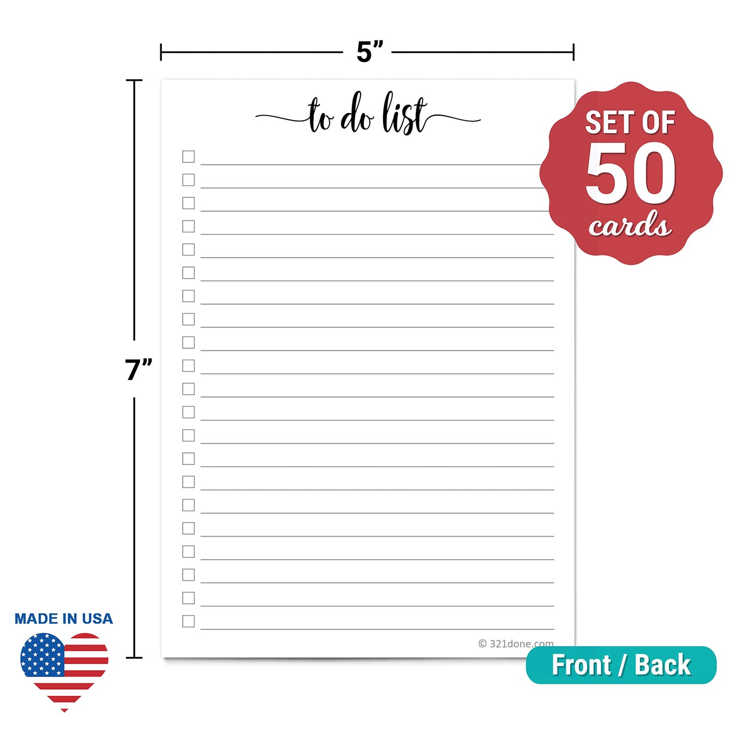 321Done To Do List Cards, Large 5x7, Set of 50, with Date