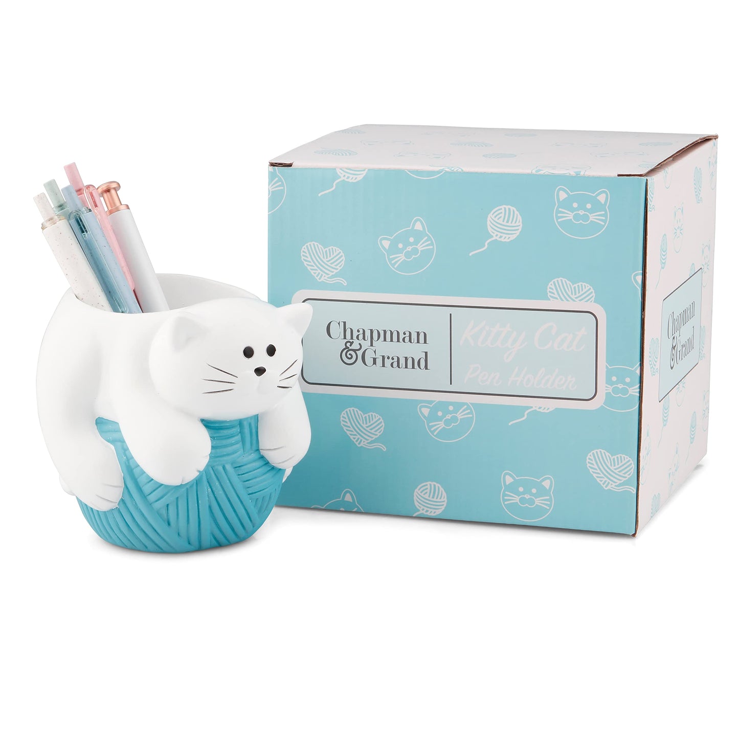 Chapman and Grand Relaxing Kitty Cat Pen Holder, White/Turquoise, Patented