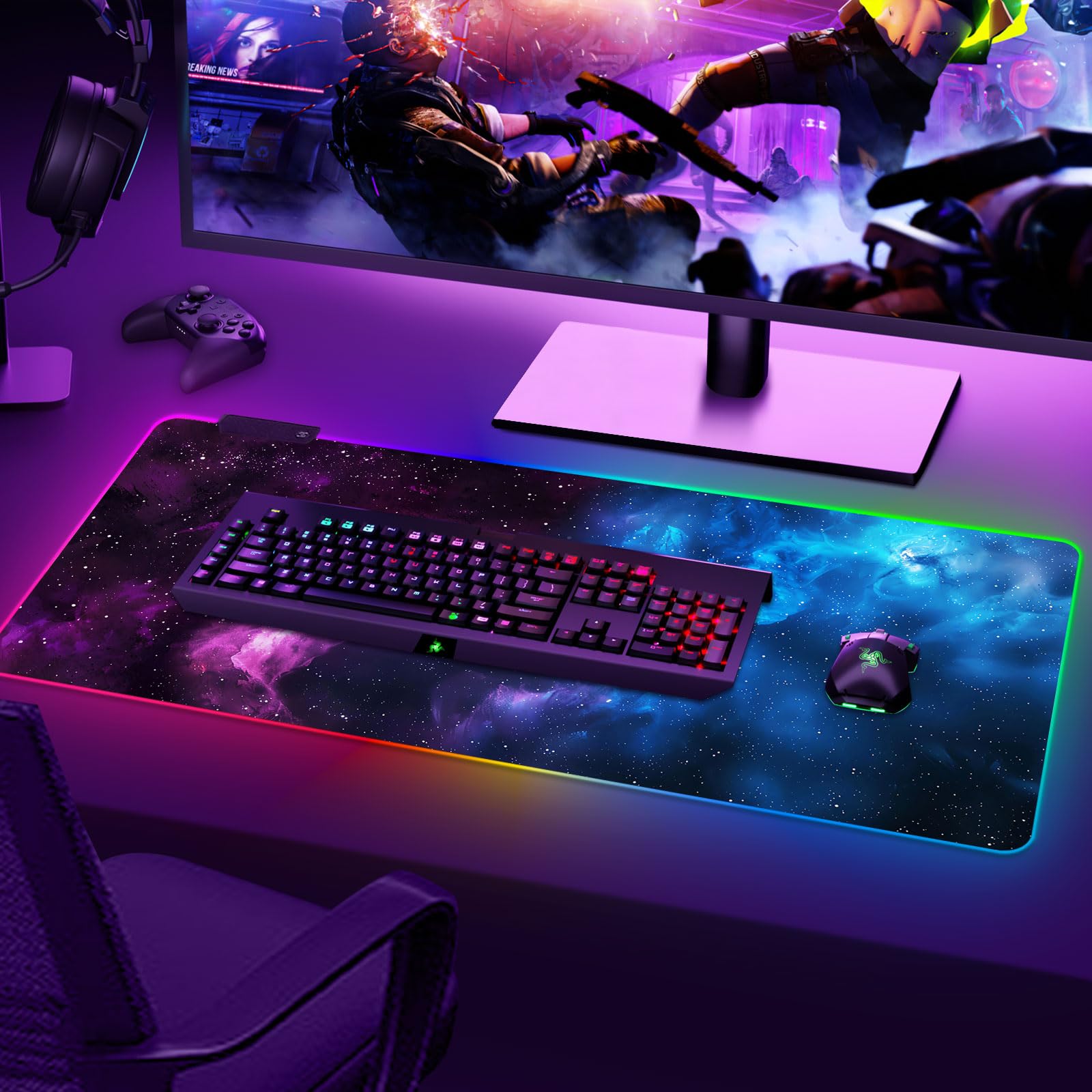 ARTSO RGB Mouse Pad Led,XXL Large Mouse Pad Purple Blue Starry Nebula, Big Mouse mat Computer