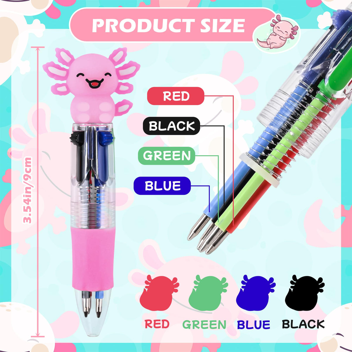 LiYiQ 50 Pcs Axolotl Party Favor Multicolor Pen in One Cartoon Cute Fun 4-in-1 Cute Pens Bulk