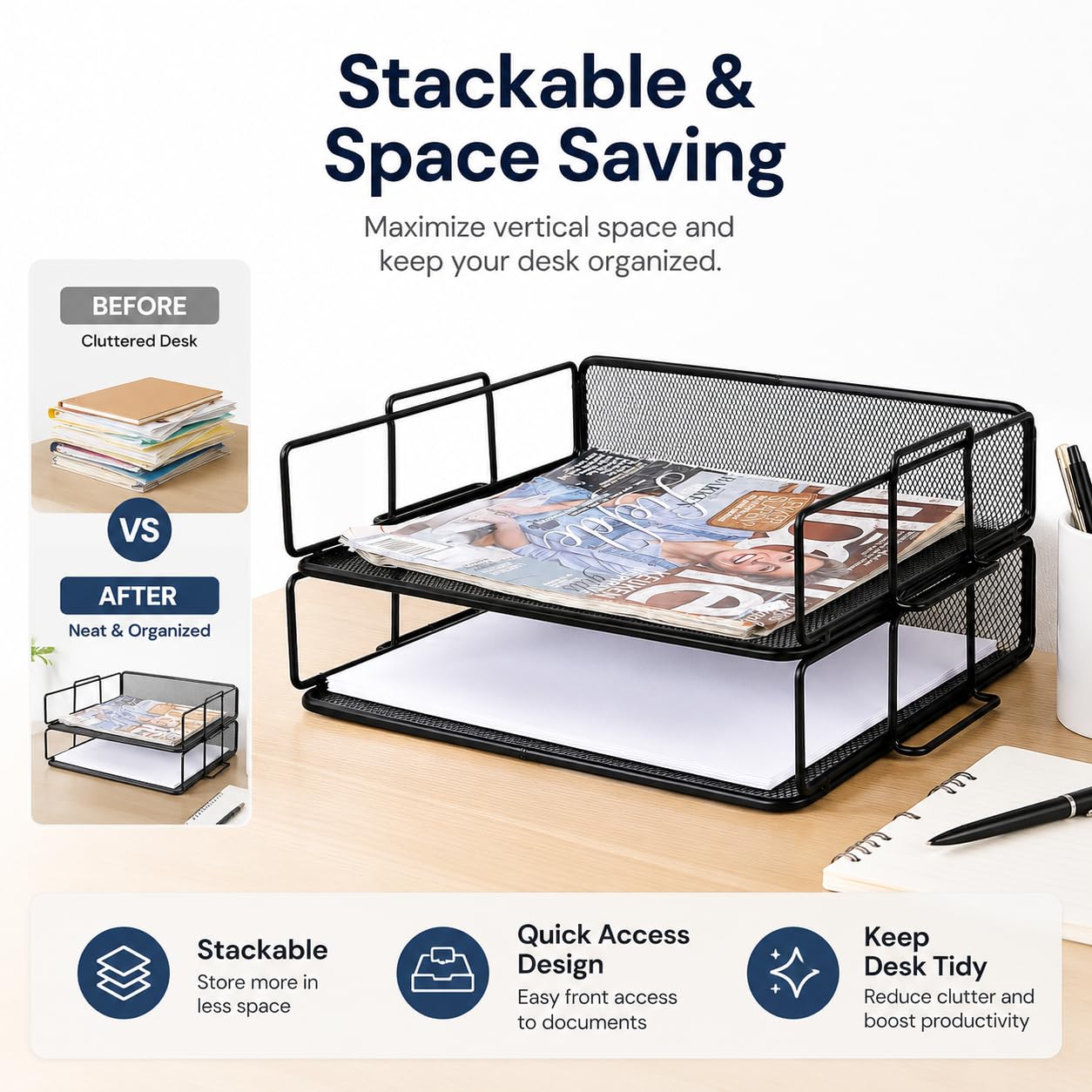 Exerz Letter Trays Stackable Paper Sorter/Desk Organiser/File Tray for Desk - Wire Mesh Metal File