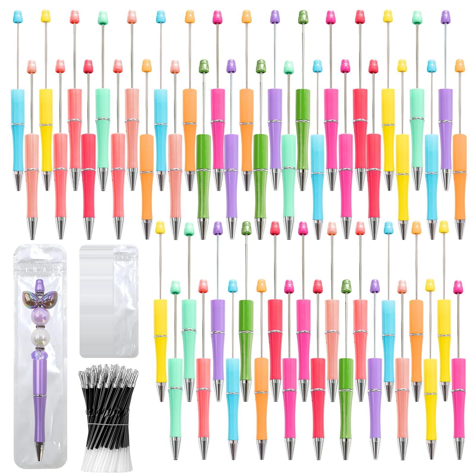 DASTTUIS 300 Pieces DIY Beadable Pens Kit - 100 plastic Beadable Pens Bulk, Refills & pen bags