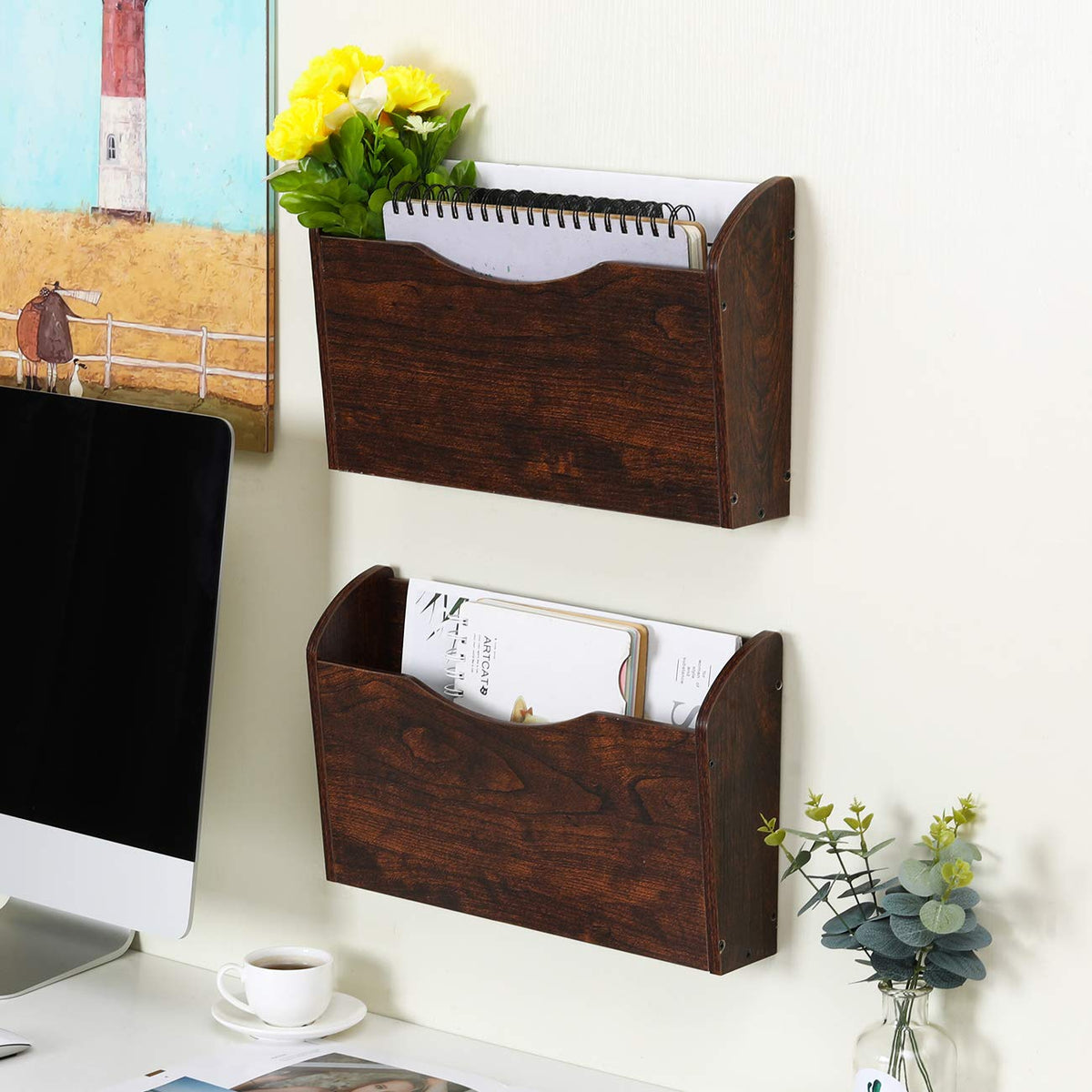 PAG-Mass Wall File Holder Wall Mounted Wood Hanging File Organizer for Office, 2 Pockets, Brown