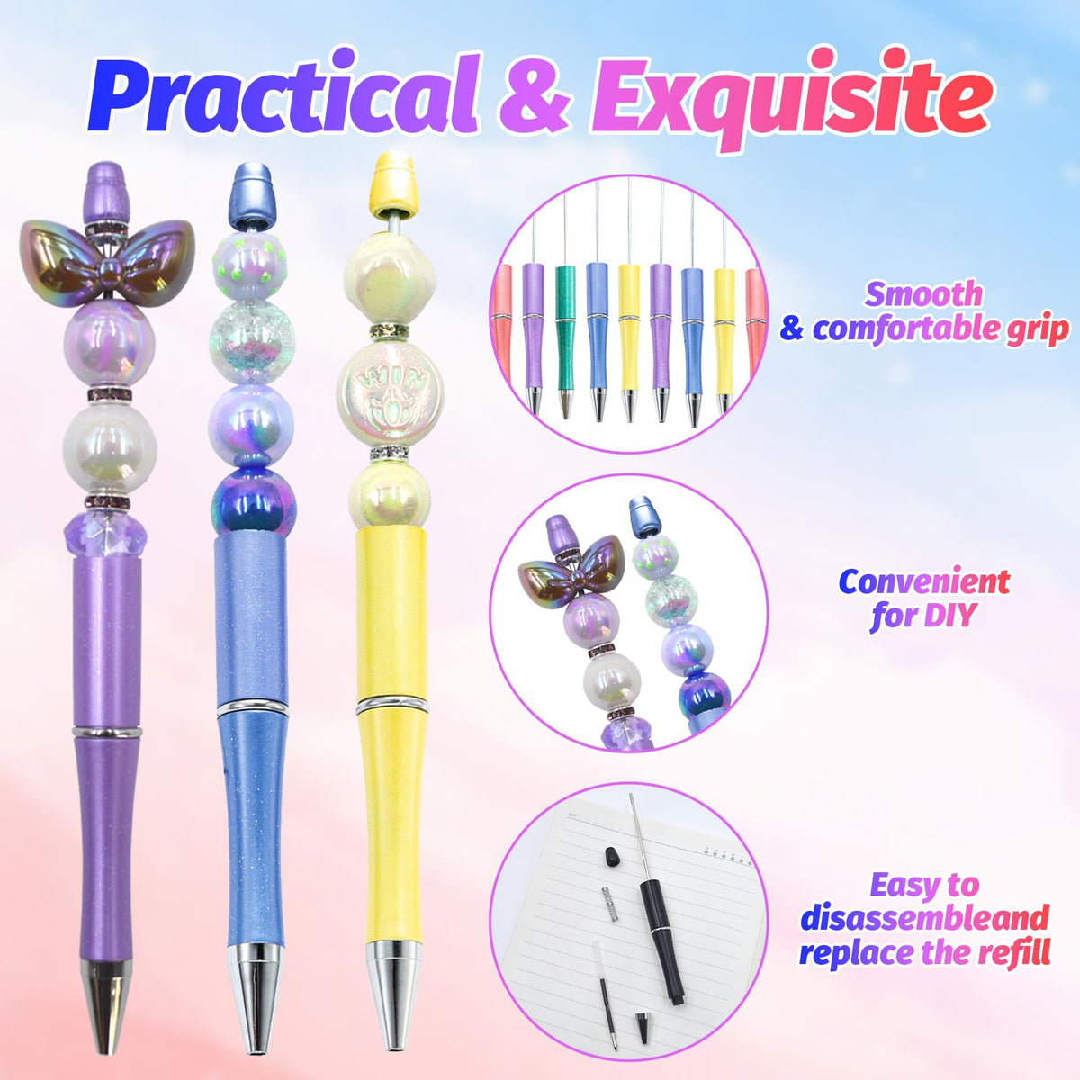 DASTTUIS 150 Pieces DIY Beadable Pen Kit – 50 Plastic Ballpoint Pens with Refills & Bags – School