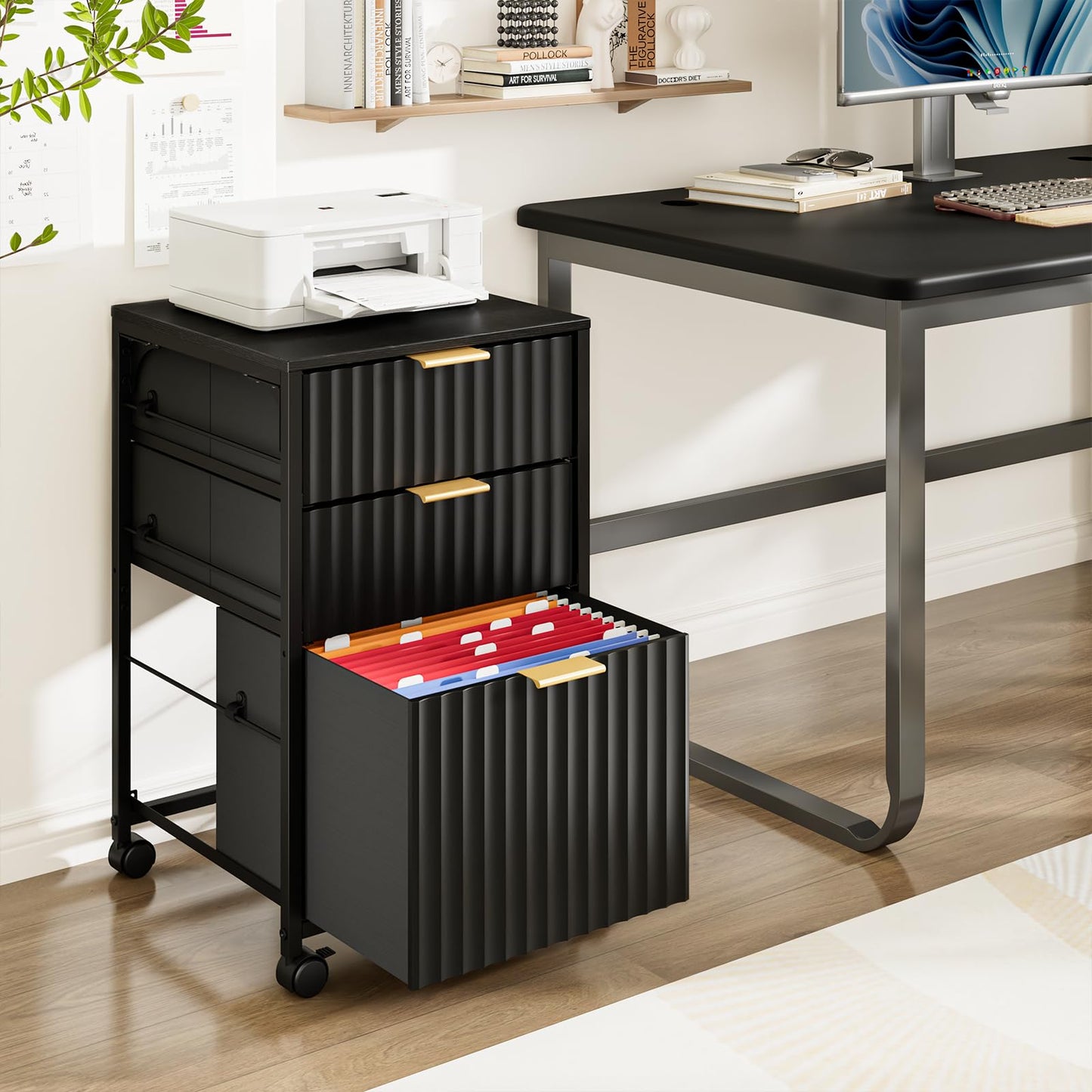 Bonnlo 3 Drawer Fluted File Cabinet, Rolling File Cabinet Mobile Under Desk File Cabinet with