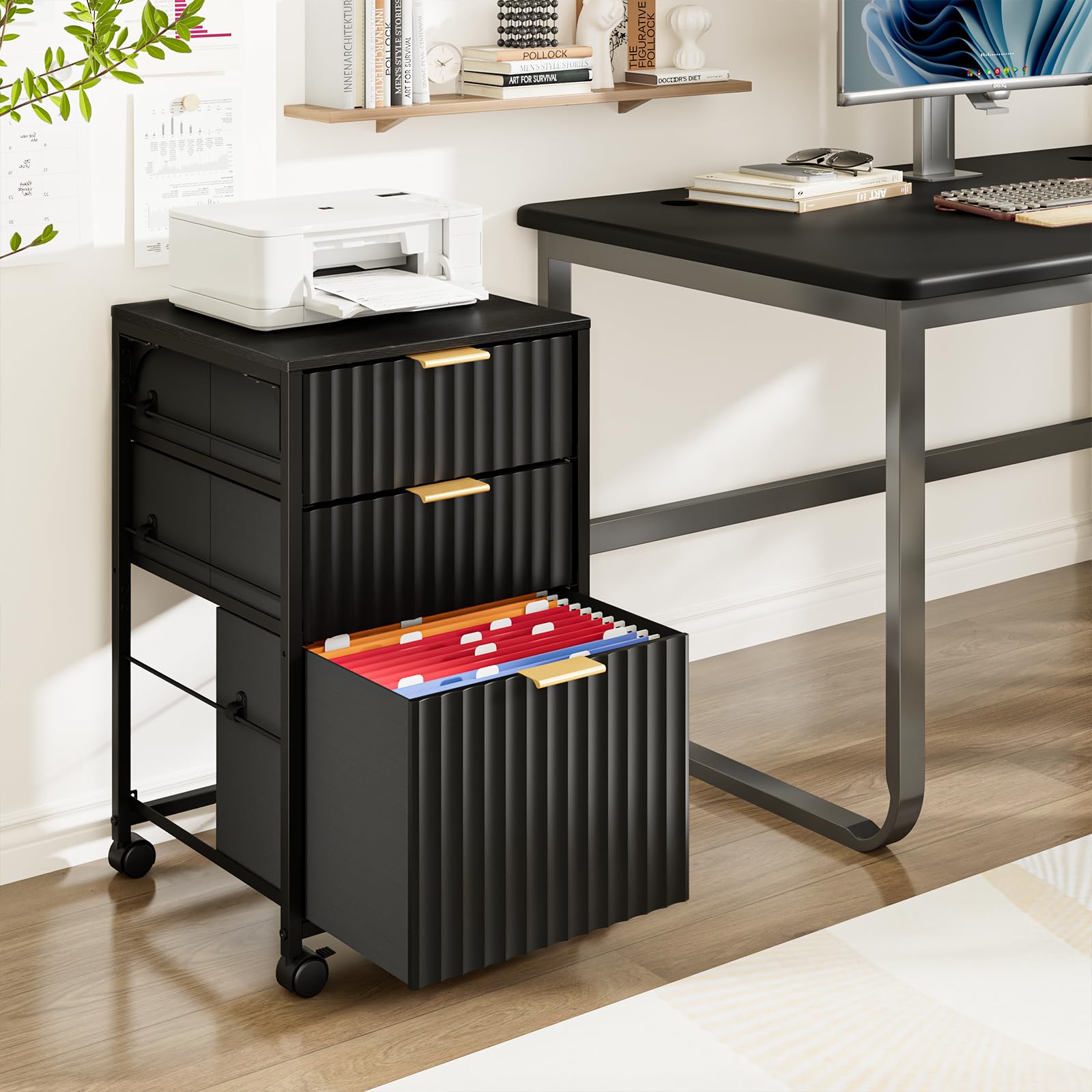 Bonnlo 3 Drawer Fluted File Cabinet, Rolling File Cabinet Mobile Under Desk File Cabinet with