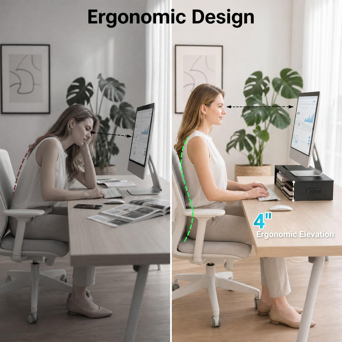1home Monitor Stand Riser, 16.7 Inch Wood Monitor Riser Stand with Storage Organizer, Desktop