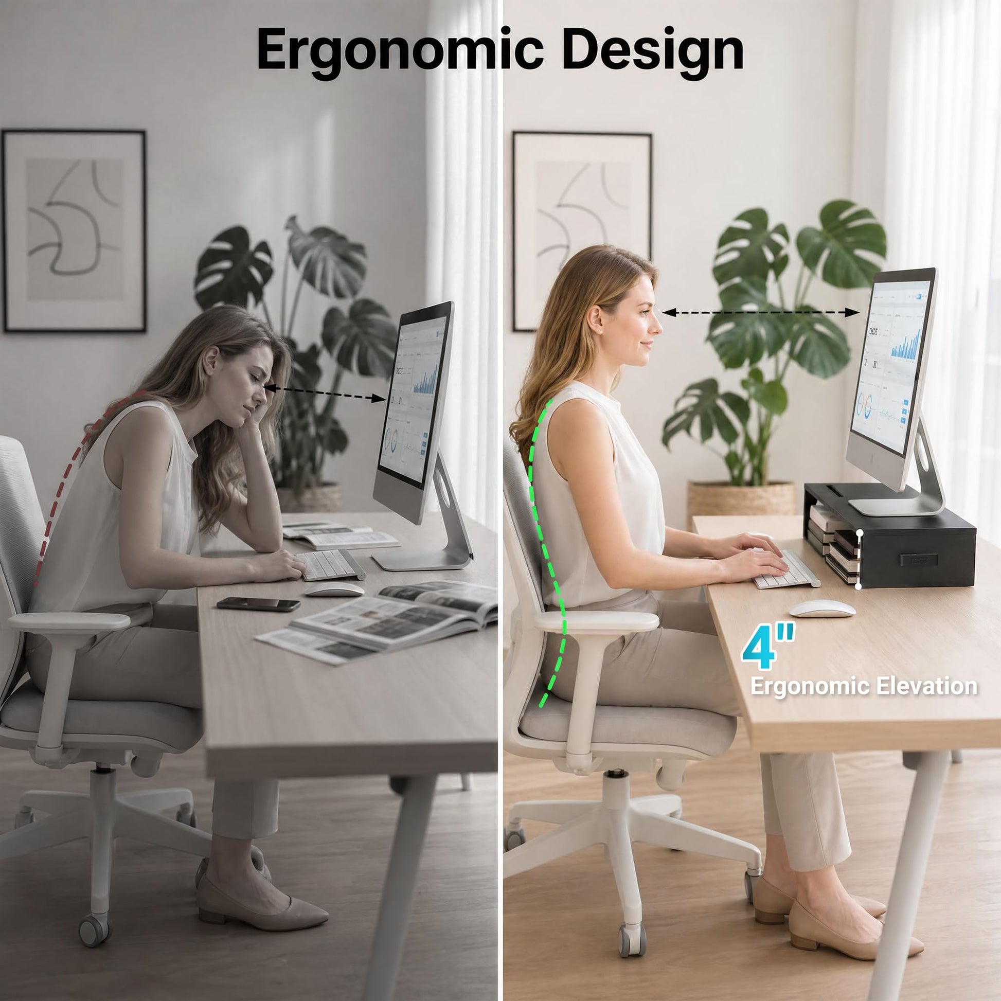 1home Monitor Stand Riser, 16.7 Inch Wood Monitor Riser Stand with Storage Organizer, Desktop