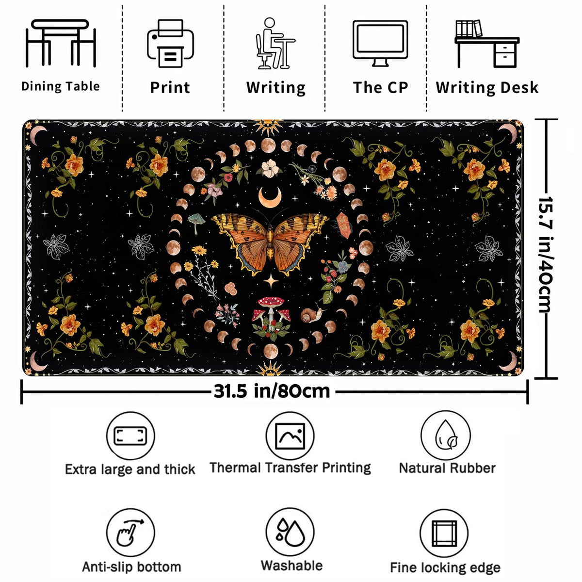 Moth Desk Pad Mushroom Phase Moon Phase Desk Mat, Boho Flowers and Leaves Computer Big Mouse Pad