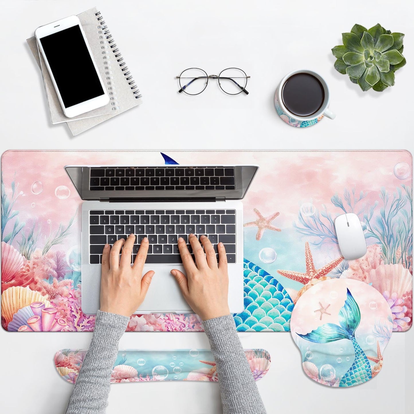 Britimes Keyboard Mouse Pad Set, 4 in 1 Desk Mat Set, Mermaid Pink Cute