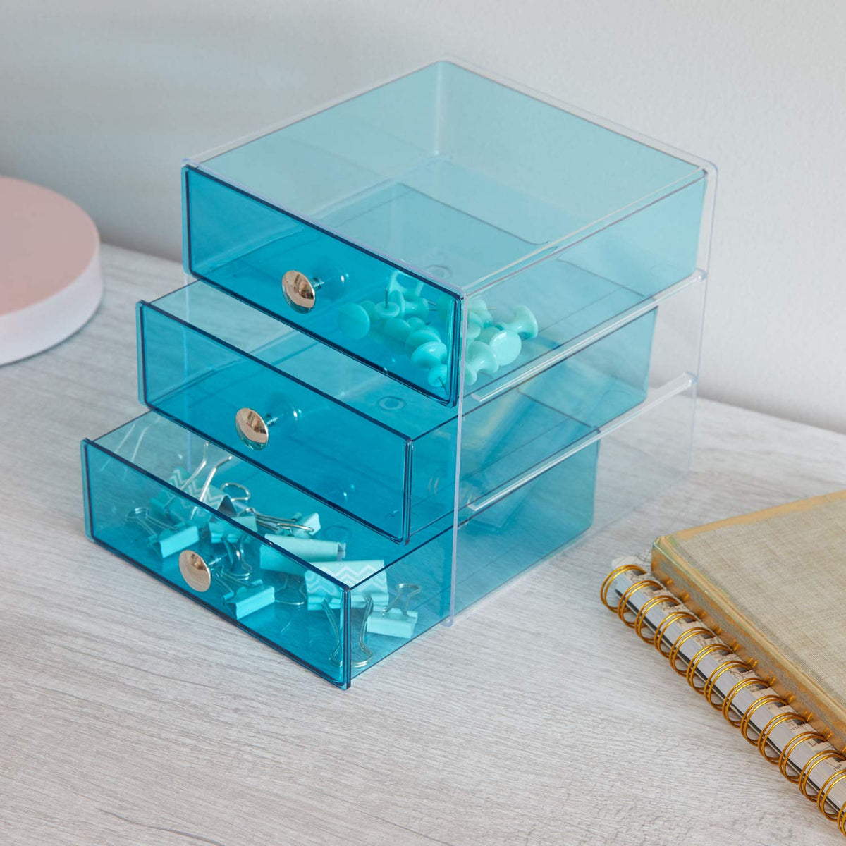 iDesign 3-Drawer Vanity Organizer, Aqua, 6.5" x 6.5" x 6.5"