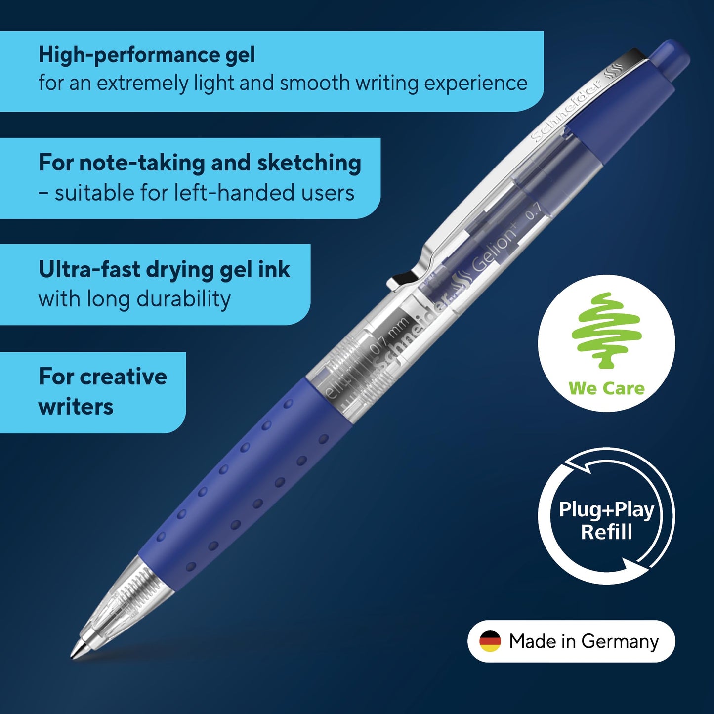 Schneider Gelion+ Gel Pen, Refillable and Retractable, Gel Ink, 0.7 mm, Transparent Barrel, Blue
