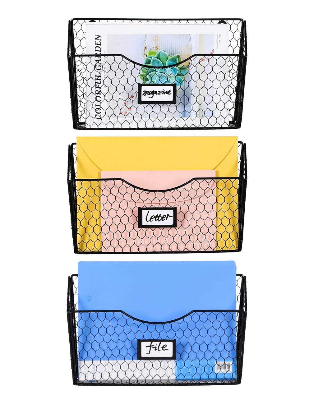 PAG-Mass 3 Pockets Hanging File Holder Wall Mount Mail Organizer Metal Chicken Wire Magazine Rack