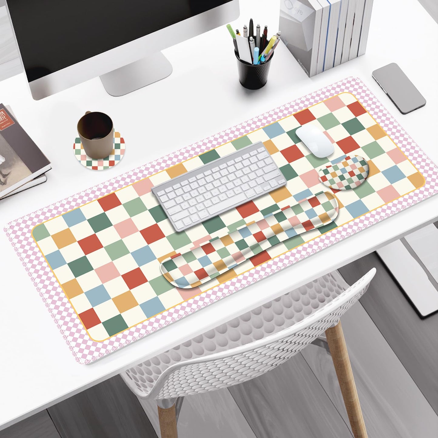 Vintage Macaron Checker Mouse Pad Set, 4 in1 Ergonomics Keyboard Desk Mat with Memory Foam Wrist
