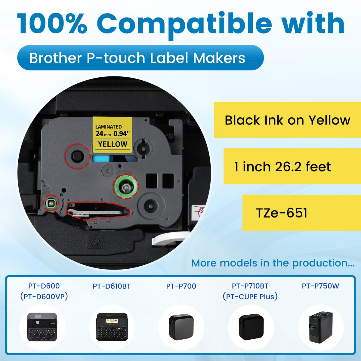 6-Pack Replace for Brother Label Maker Tape 24mm Yellow Laminated TZe-651